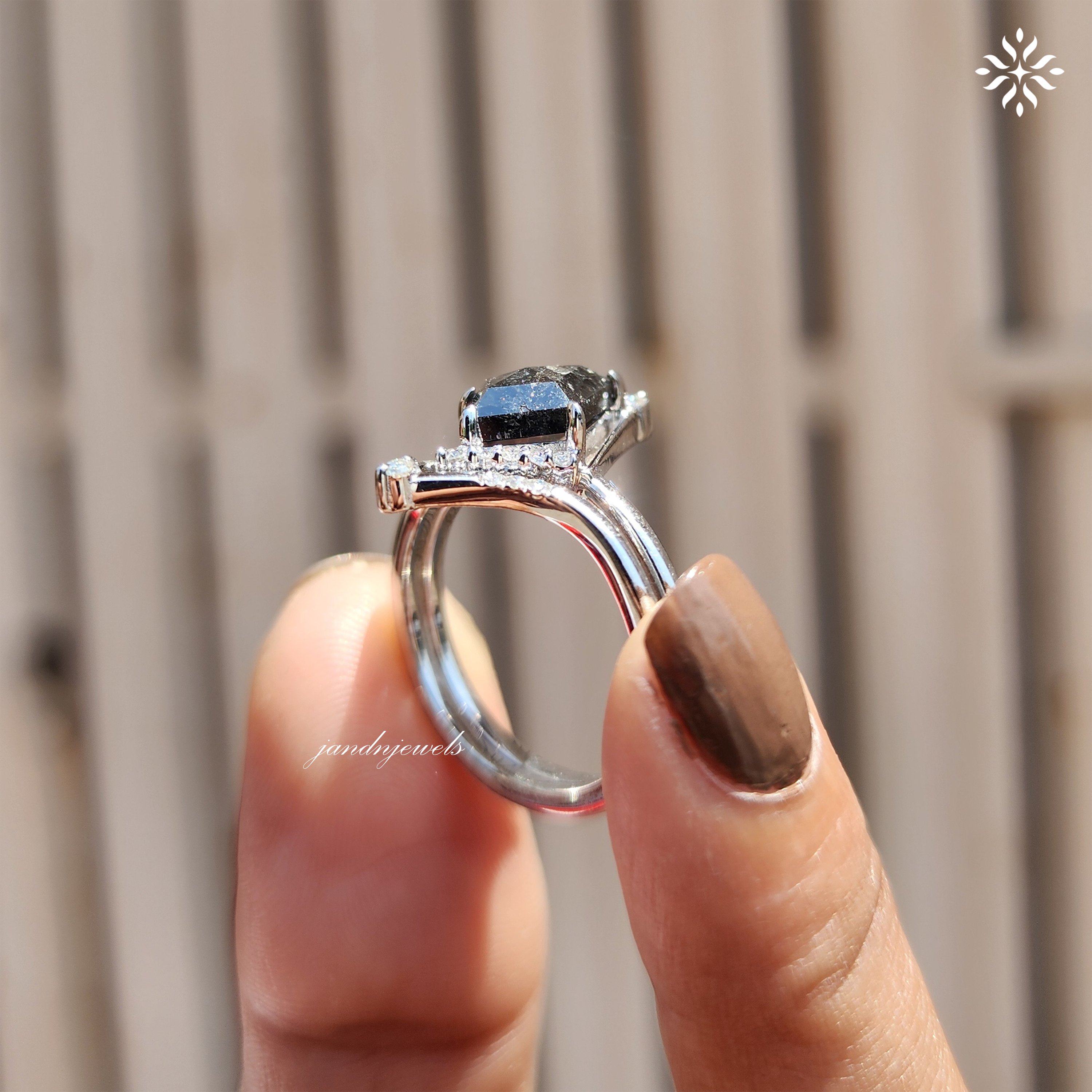 Kite Cut Salt and Pepper Diamond Bridal Ring Set Art Deco Engagement Ring Art Deco Wedding Ring Alternative Bridal Gift for Her
