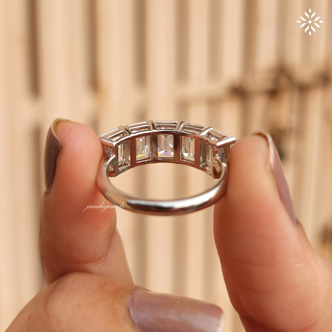5 Stone Emerald Cut Moissanite Ring, Emerald Cut Solitaire Band, 5 Stone Emerald Cut Half Eternity Band, Promise Stackable Eternity Ring