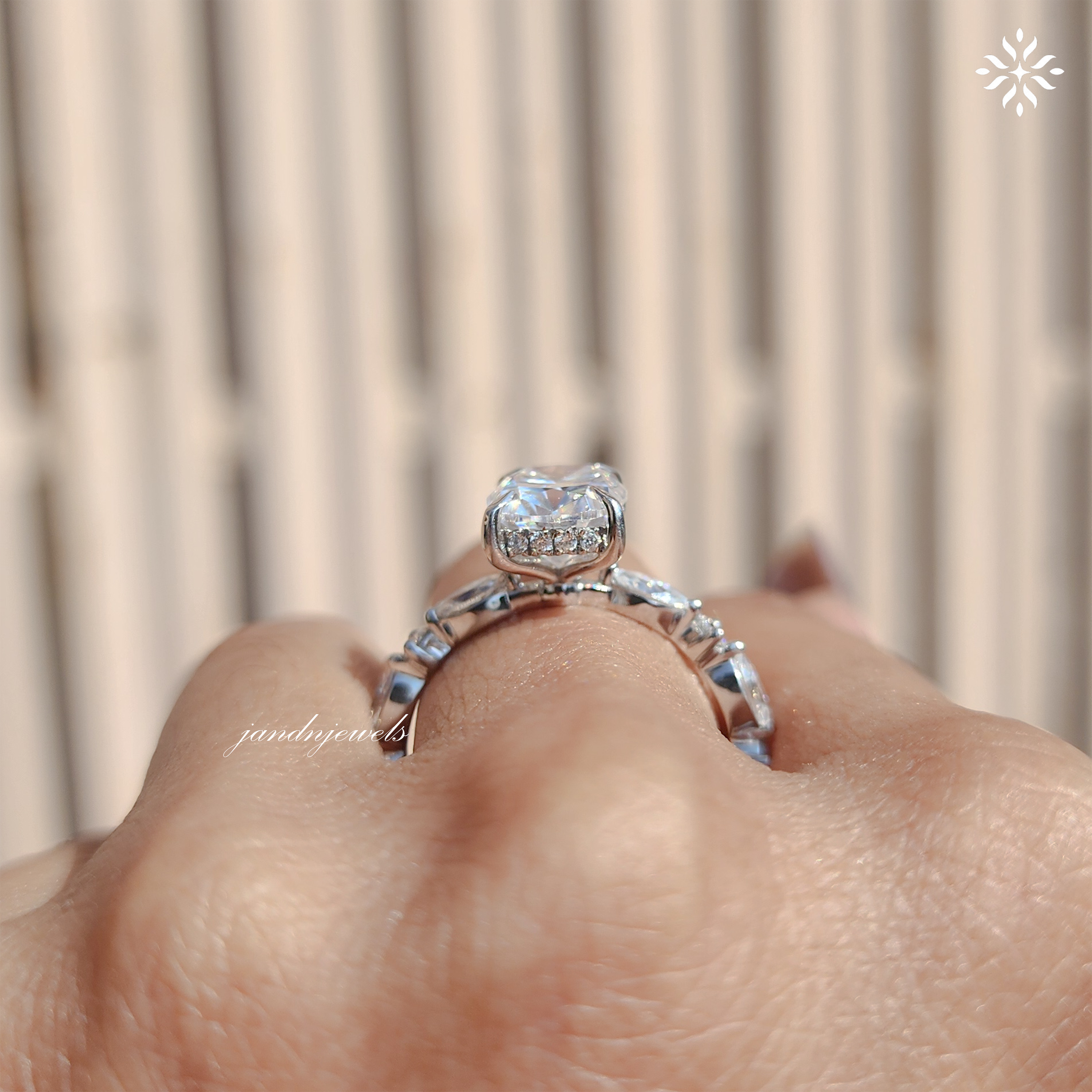 Unique Hidden Halo Cushion Cut Moissanite Engagement Ring Marquise Band Elongated Moissanite Wedding Ring Women Promise Anniversary Ring