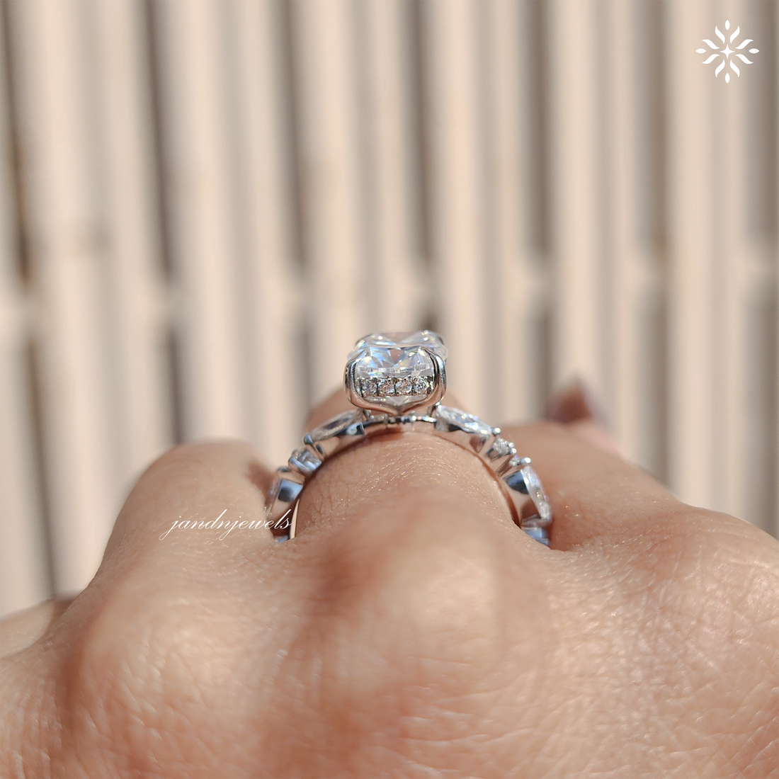 Unique Hidden Halo Cushion Cut Moissanite Engagement Ring Marquise Band Elongated Moissanite Wedding Ring Women Promise Anniversary Ring