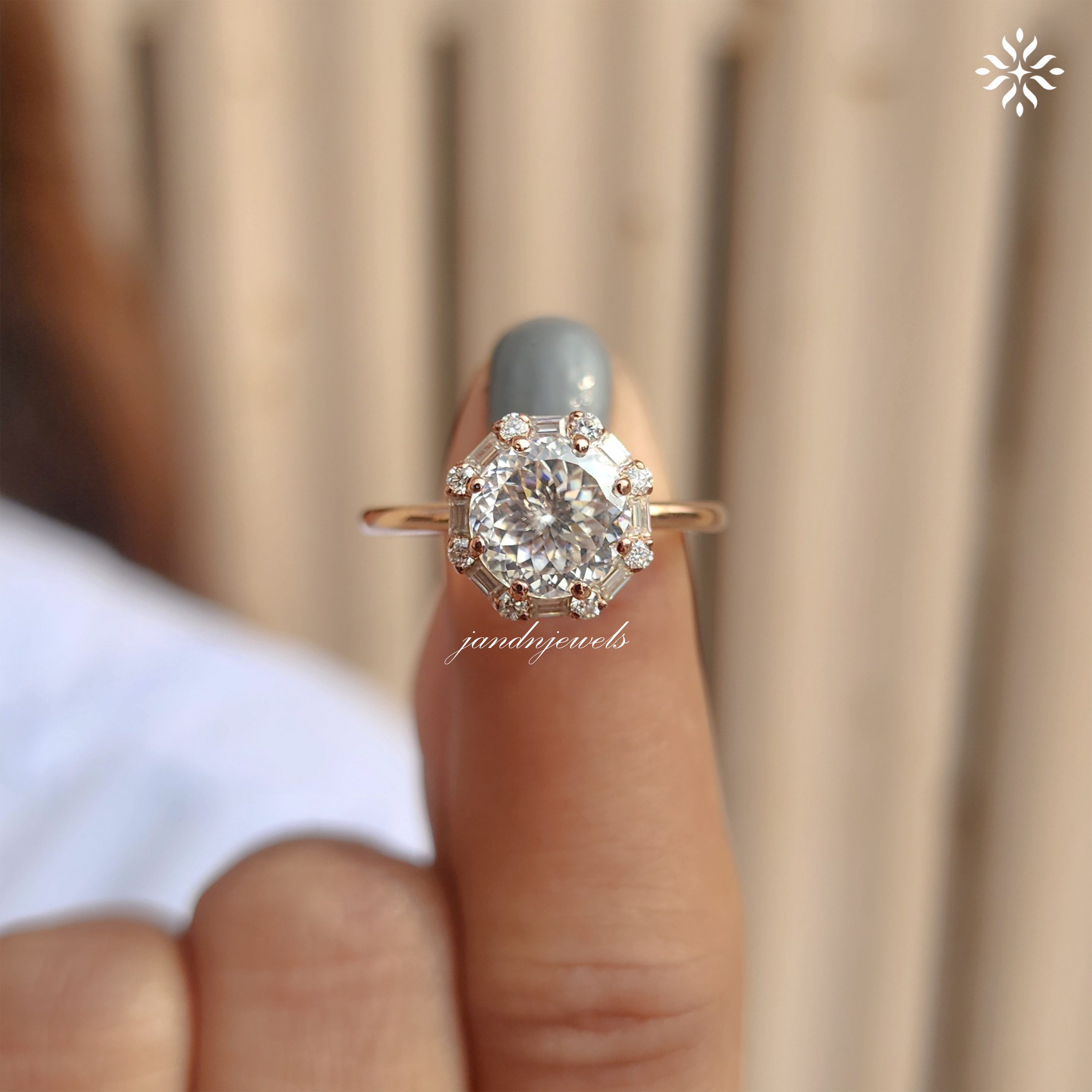 Unique Portuguese Cut Moissanite Engagement Ring Luxe Baguette & Round Halo Diamond Ring 14K Solid Gold Solitaire Ring