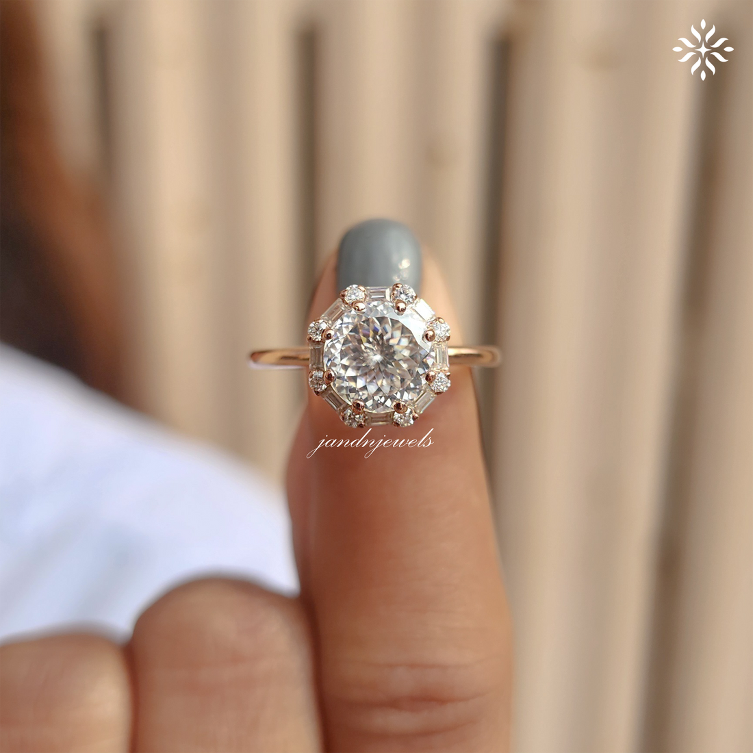 Unique Portuguese Cut Moissanite Engagement Ring Luxe Baguette & Round Halo Diamond Ring 14K Solid Gold Solitaire Ring