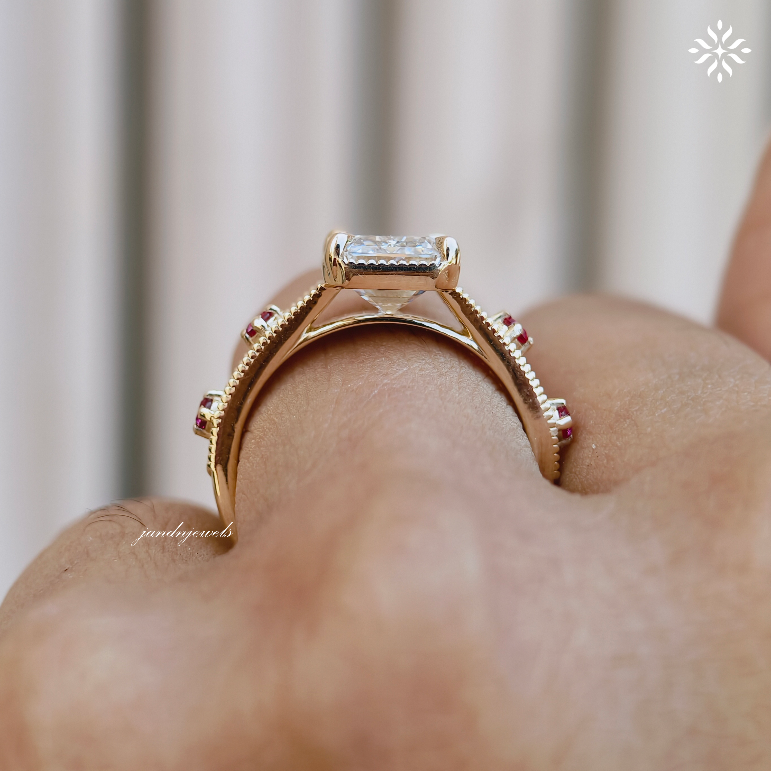 3CT Emerald Cut Lab Grown Diamond Engagement Ring, Pink Sapphire Side Stone Ring, Vintage Inspired Engraved Band, 14K Gold Wedding Ring