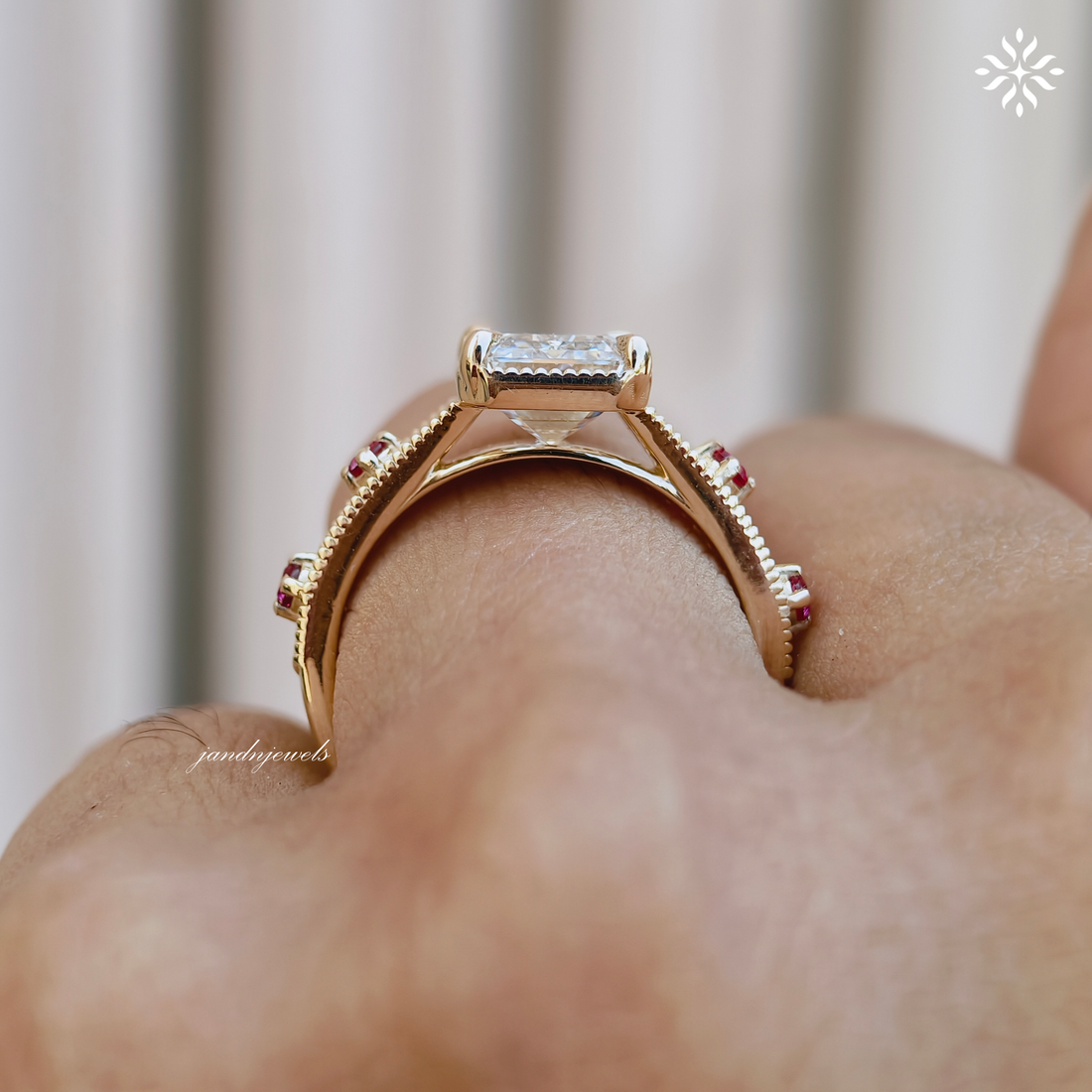 3CT Emerald Cut Lab Grown Diamond Engagement Ring, Pink Sapphire Side Stone Ring, Vintage Inspired Engraved Band, 14K Gold Wedding Ring