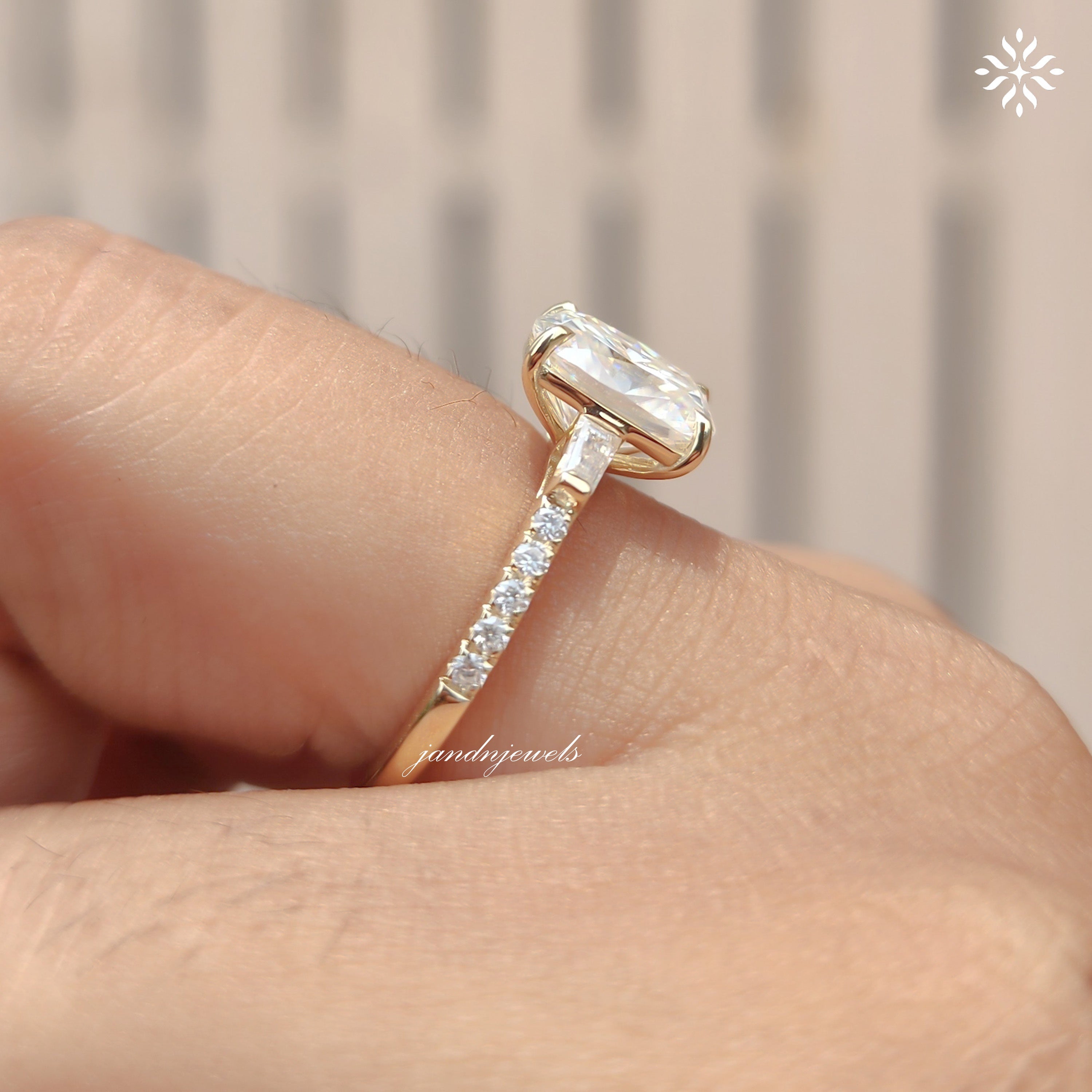 Three Stone Cushion Cut Moissanite Engagement Ring Side Stone Baguette Diamond Ring