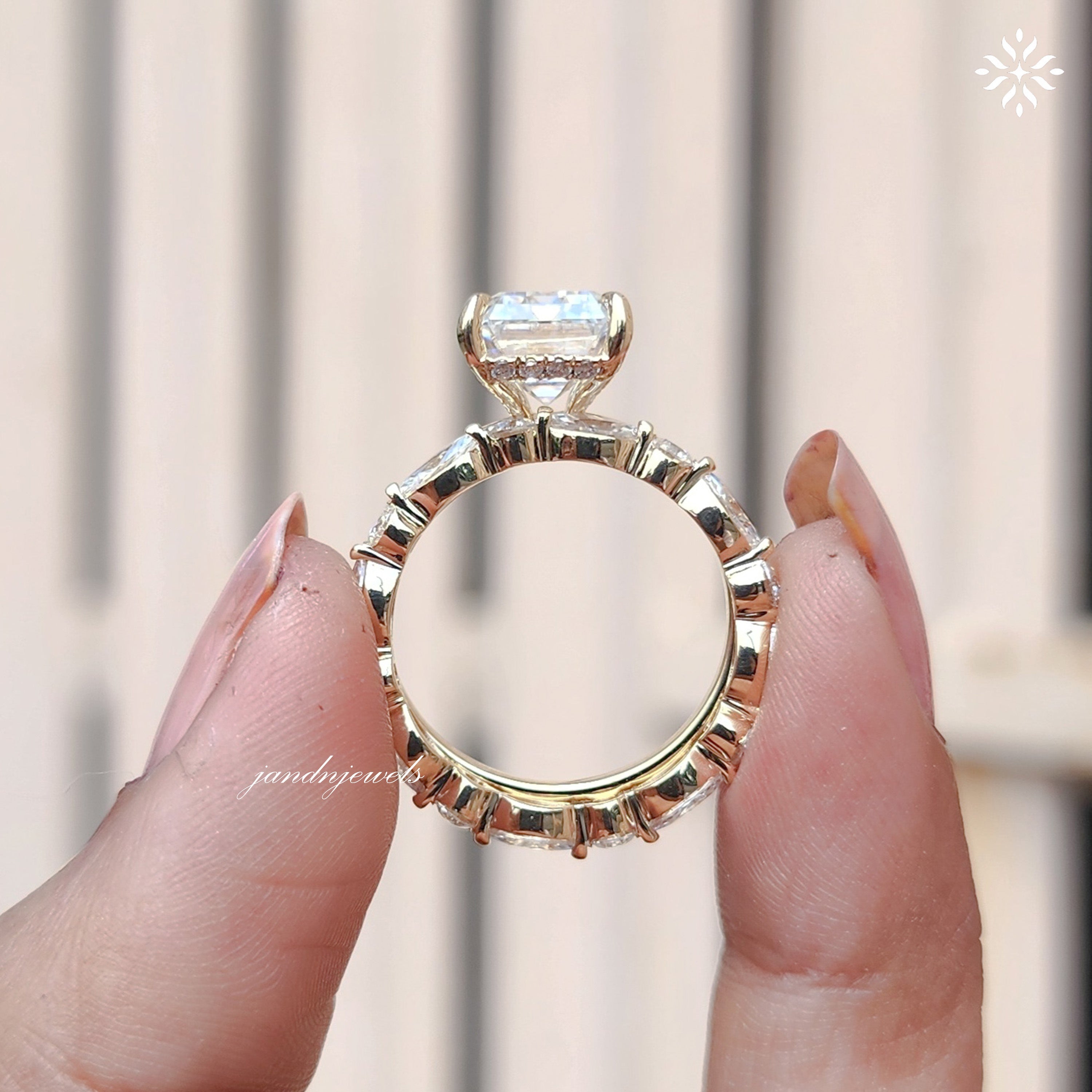 3CT Emerald Cut Moissanite Engagement Ring Set, Hidden Halo Ring Set, Round and Marquise Wedding Band, 14K Gold Bridal Ring