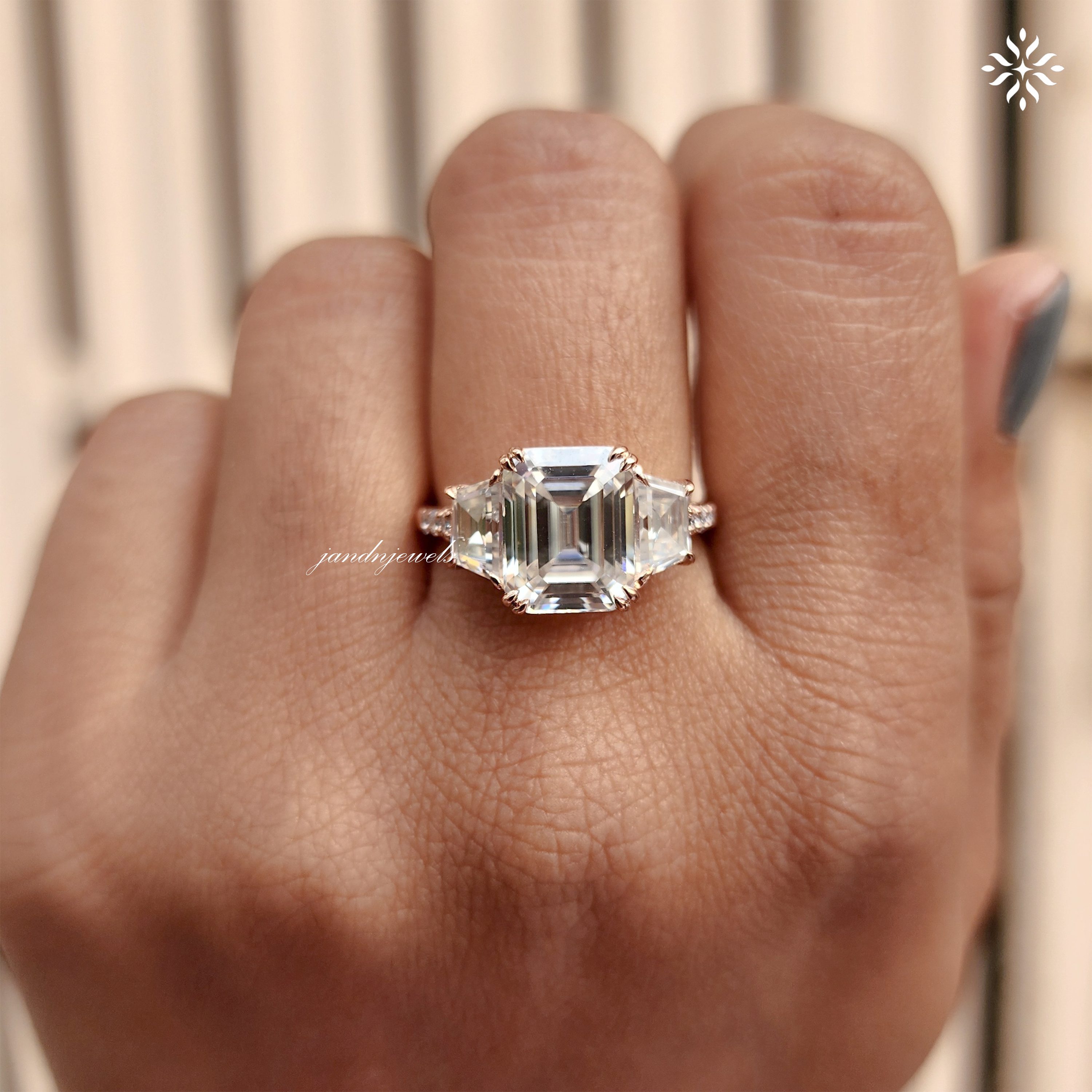 4CT Emerald Cut Moissanite Engagement Ring, Trapezoid Side Stone Ring, Hidden Halo 14K Gold Bridal Ring Set