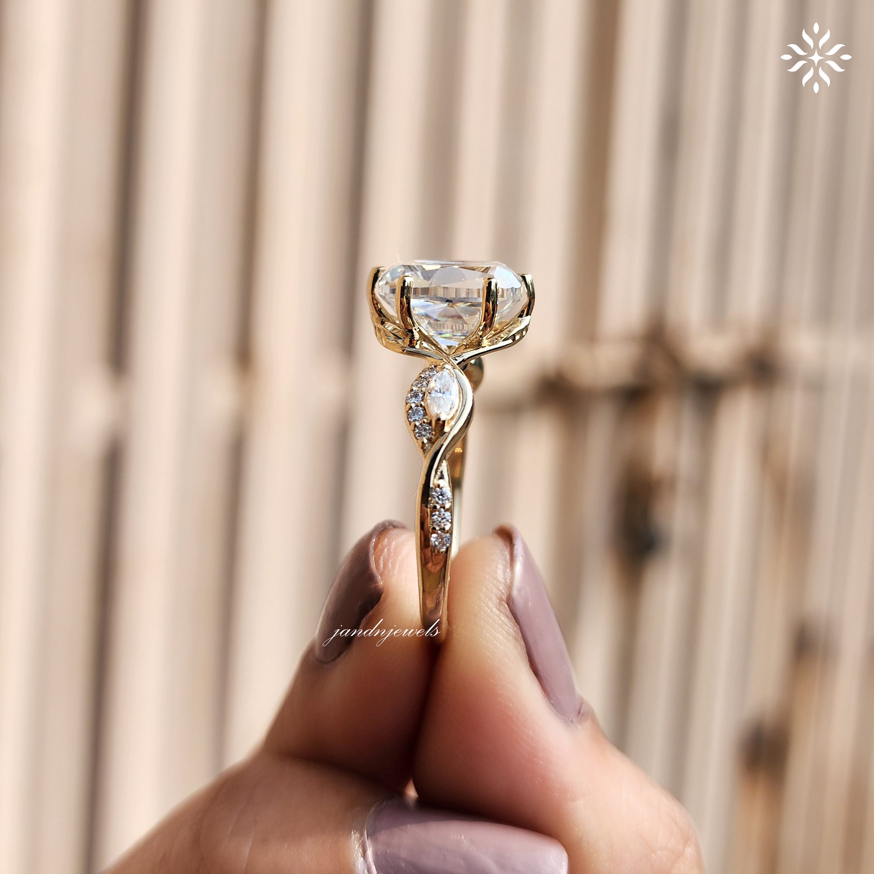 Old Mine Cushion Cut Moissanite Engagement Ring Nature Inspired Leaf Design Ring 14K Solid Gold Ring Floral Art Deco Ring Wedding Ring