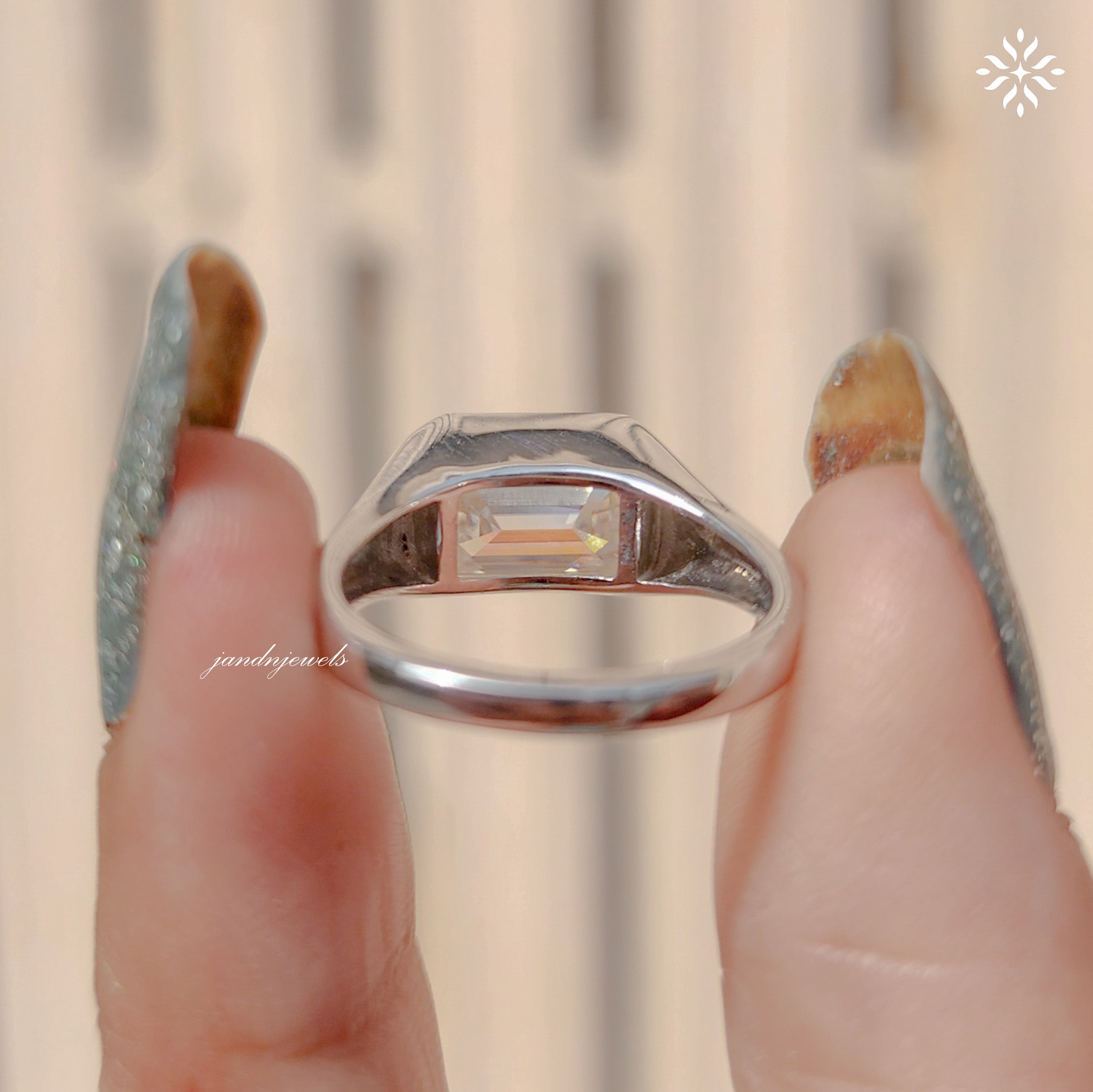 Emerald Cut Moissanite Ring Bezel Set Signet Ring Modern Gold Statement Ring for Men Women