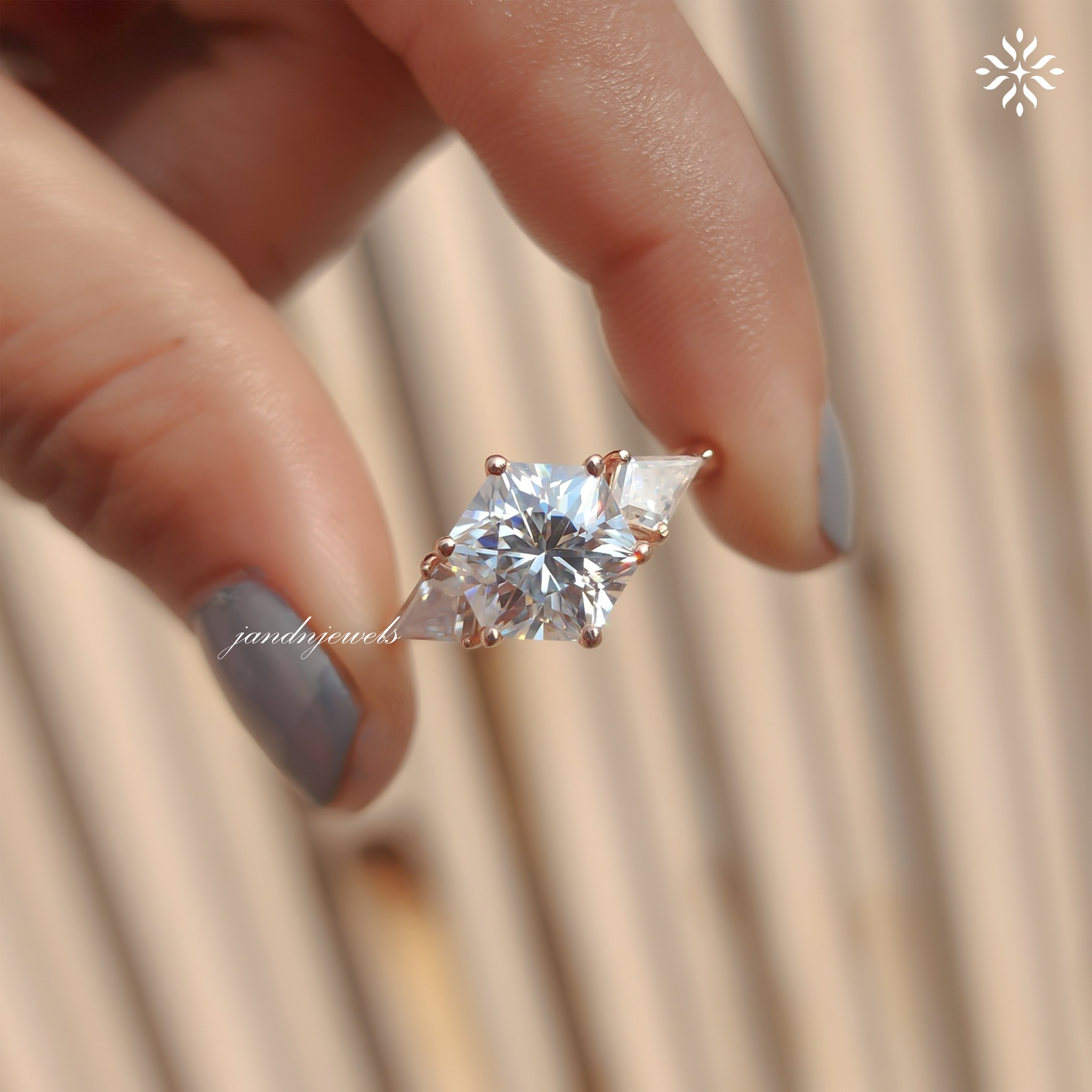 Three Stone Hexagon Cut Engagement Ring Side Stone kite Diamond Ring 14K Solid Gold Ring Antique Moissanite Diamond Ring