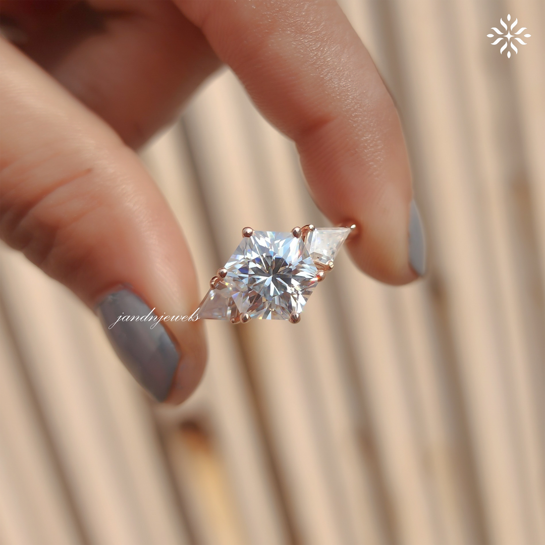 Three Stone Hexagon Cut Engagement Ring Side Stone kite Diamond Ring 14K Solid Gold Ring Antique Moissanite Diamond Ring