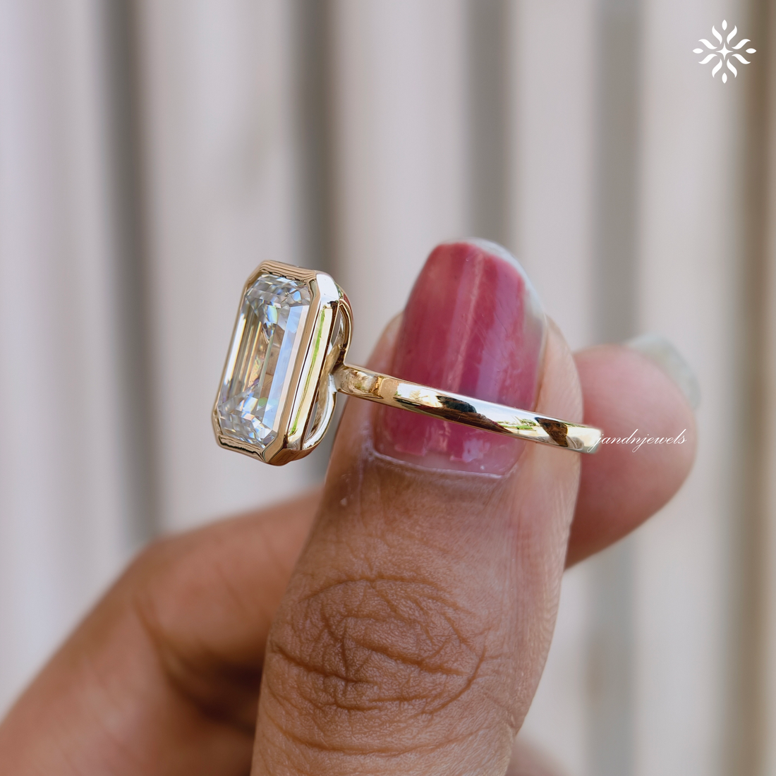 3 Carat Emerald Cut Lab Grown Diamond Engagement Ring | 14K Gold Bezel | IGI Certified