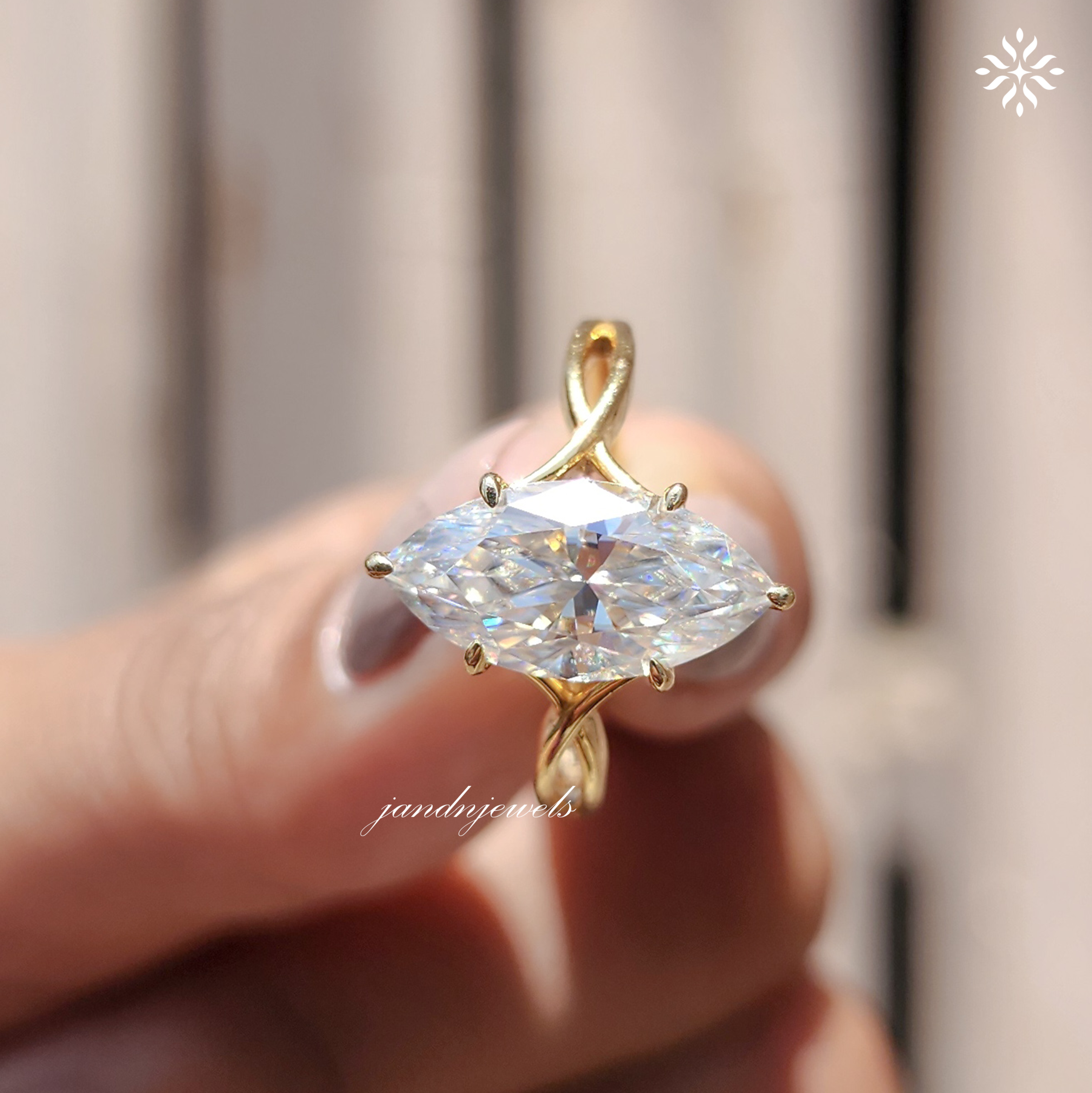 2.5CT Marquise Cut Moissanite Engagement Ring Twisted Shank 14K Yellow Gold Solitaire Prong Set Bridal Ring Anniversary Wedding Ring Gift