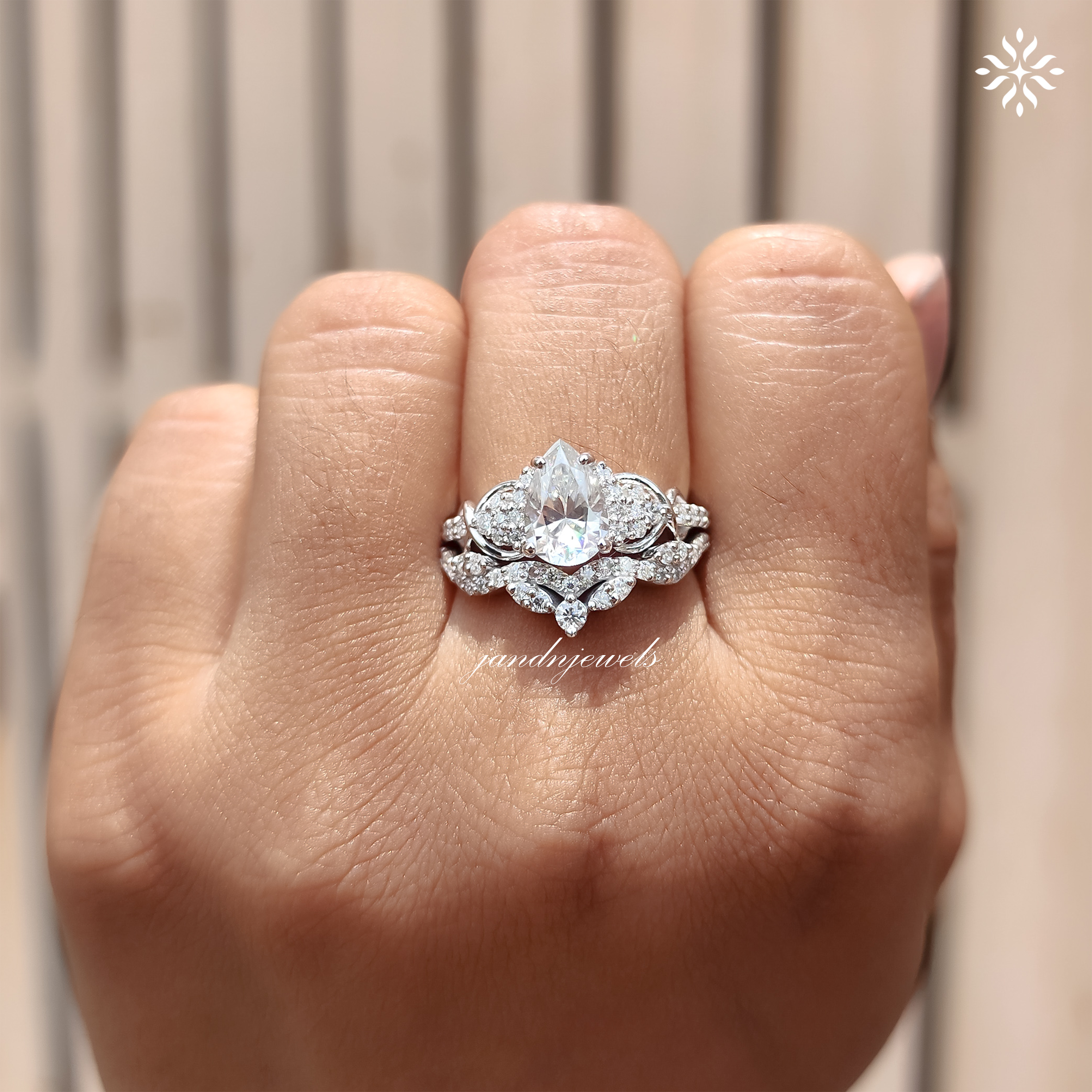 2CT Pear Moissanite Engagement Bridal Ring Set 14K Solid Gold Floral Nature Inspired Wedding Ring Set Promise Anniversary Gifts