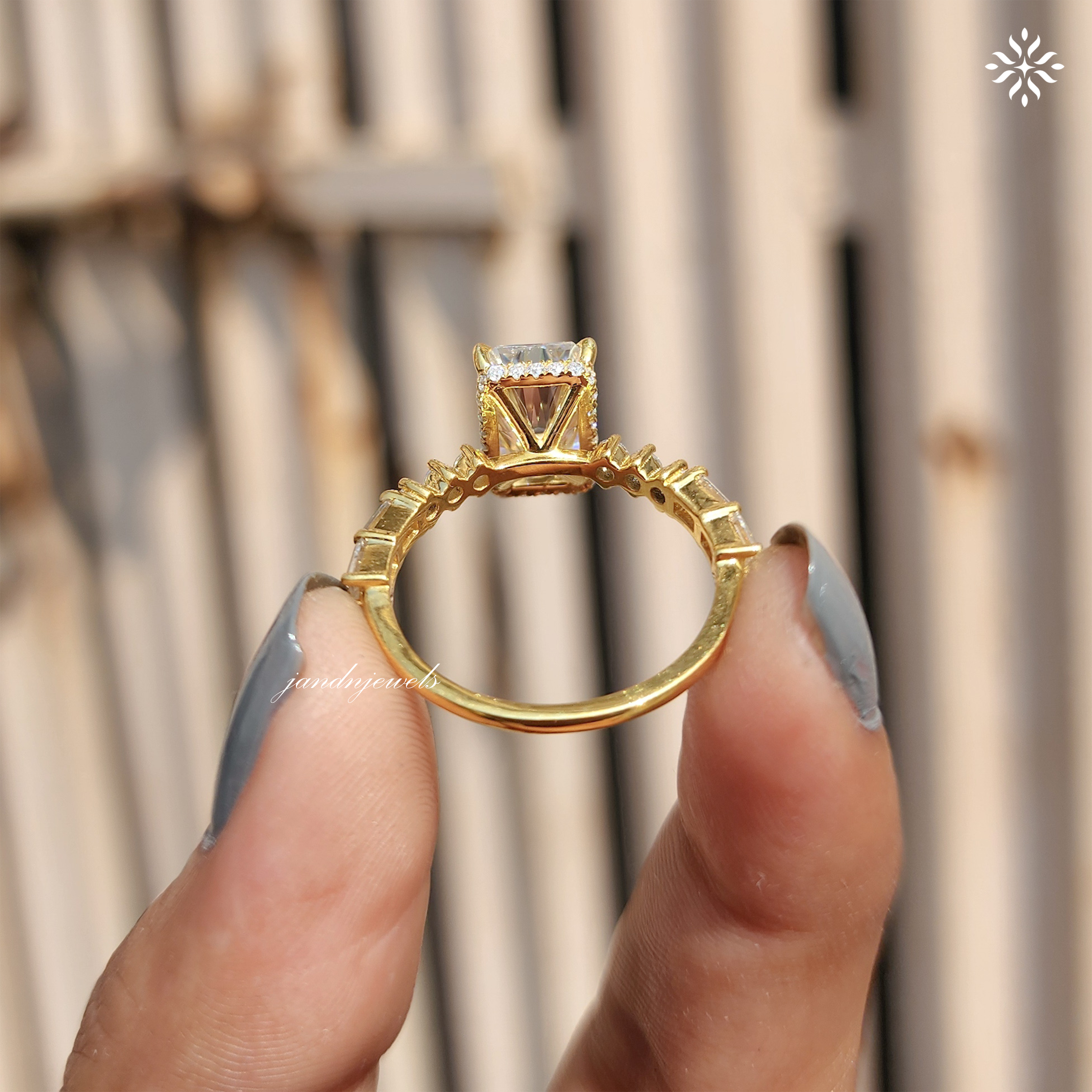 Radiant Cut Moissanite Engagement Ring Hidden Halo Radiant Cut Ring Baguette Band