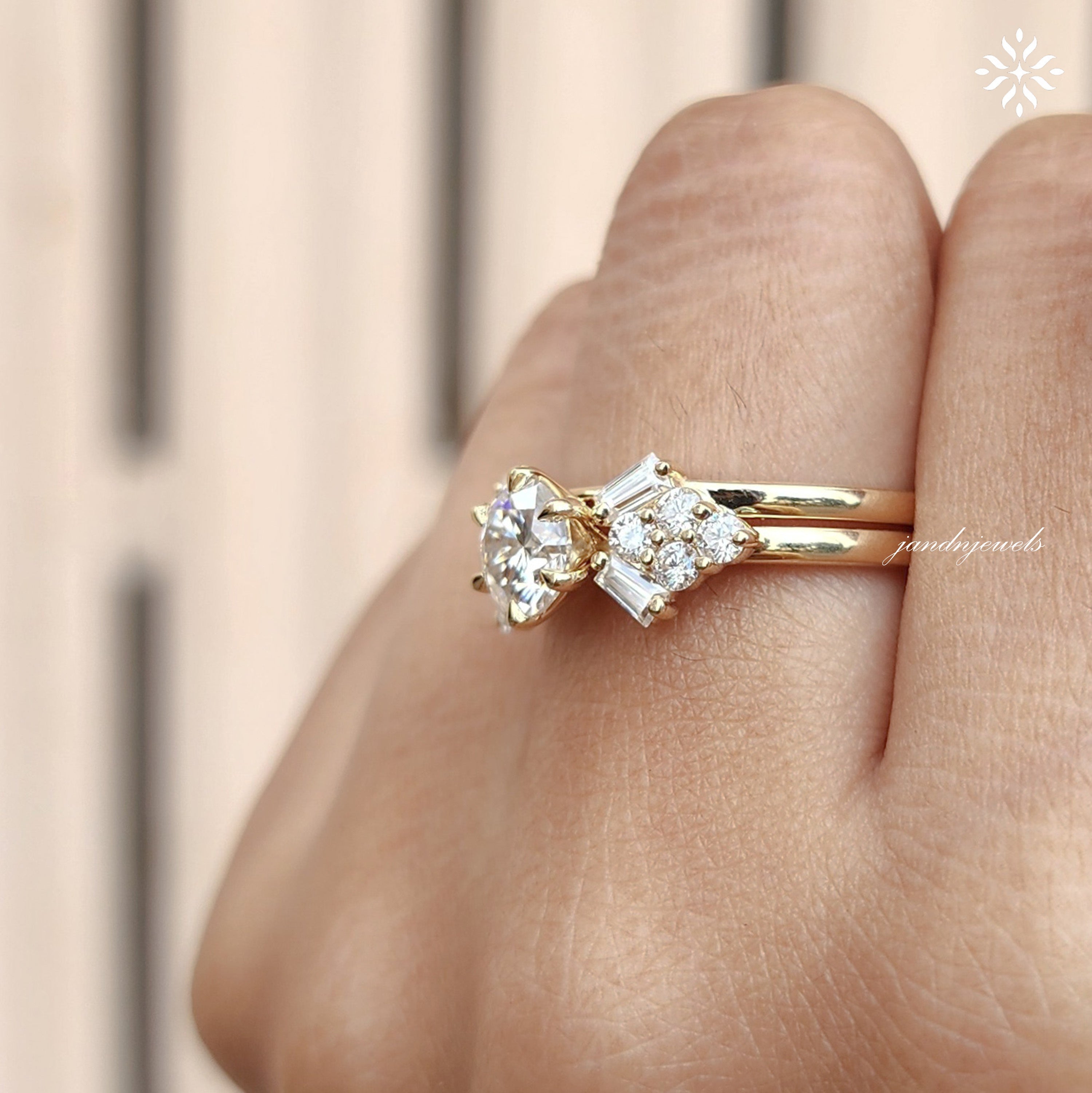 1.5CT Round Cut Moissanite Engagement Ring Baguette & Round Cut Diamond Cluster Ring 14K Solid Gold Wedding Ring Anniversary Gift for Her