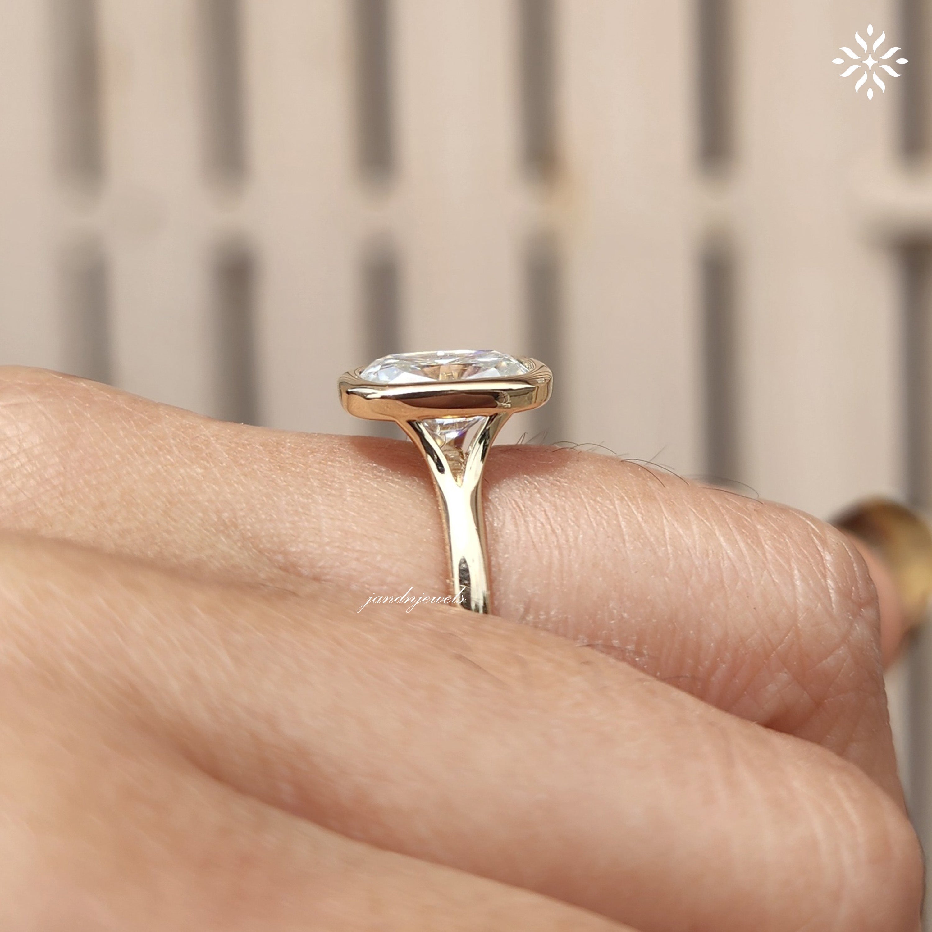2CT Elongated Cushion Cut Engagement Ring Bezel Set Unique Split Shank And Cathedral Setting Ring 14K Solid Gold Ring