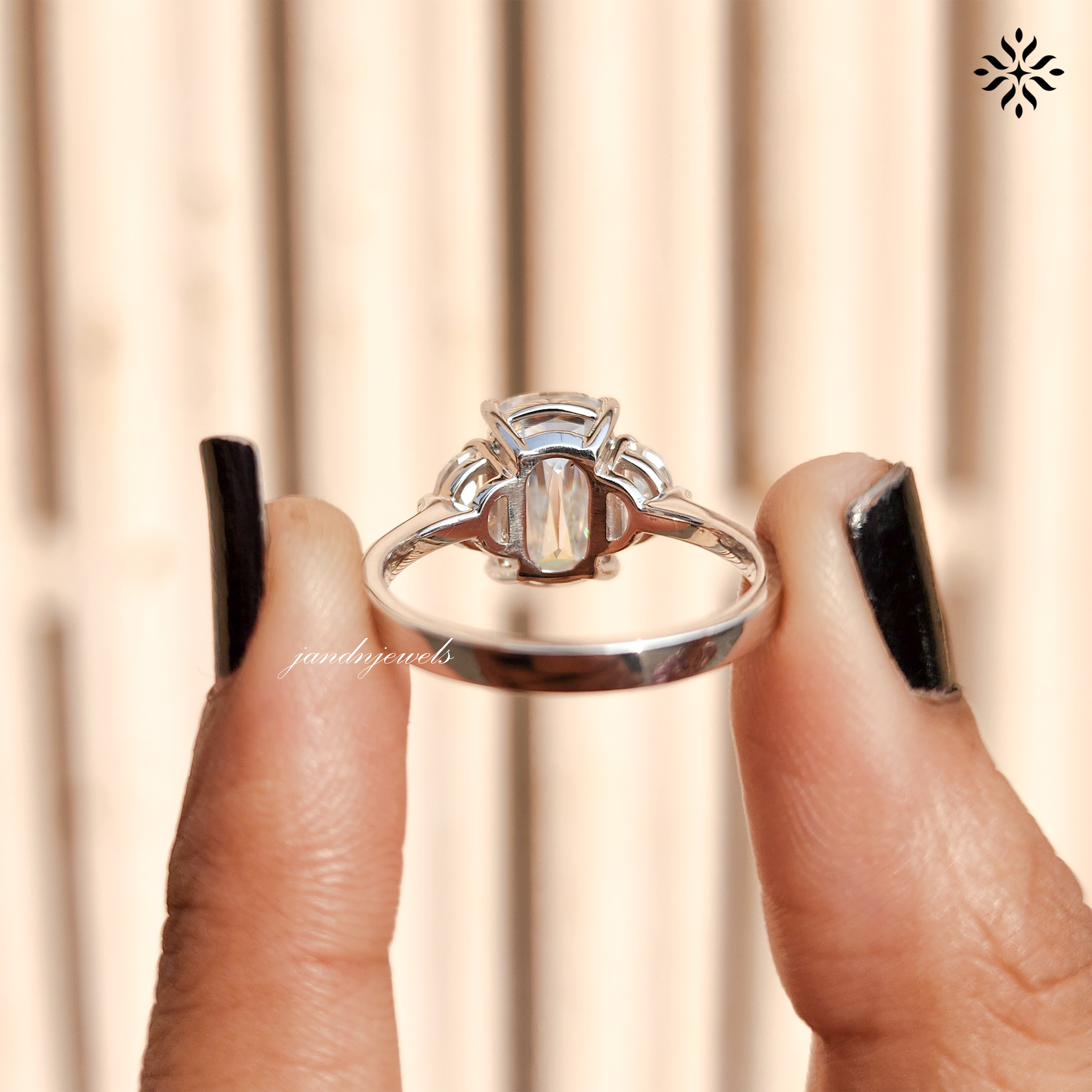 Elongated Criss Cut Cushion Moissanite Engagement Ring Three Stone Wedding Ring Side Stone Half Moon Trilogy Ring Multi Stone Ring for Her