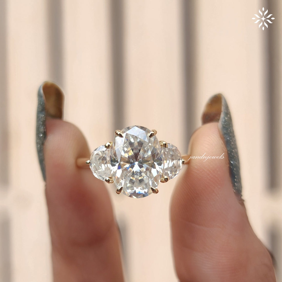 4CT Oval Cut Moissanite Engagement Ring Three Stone Half Moon Ring