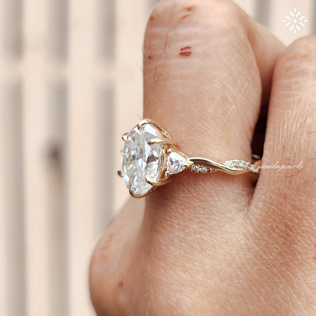 Three Stone oval Cut Moissanite Engagement Ring Twisted Band Wedding Ring Side Stone Trillion Side Stone Ring