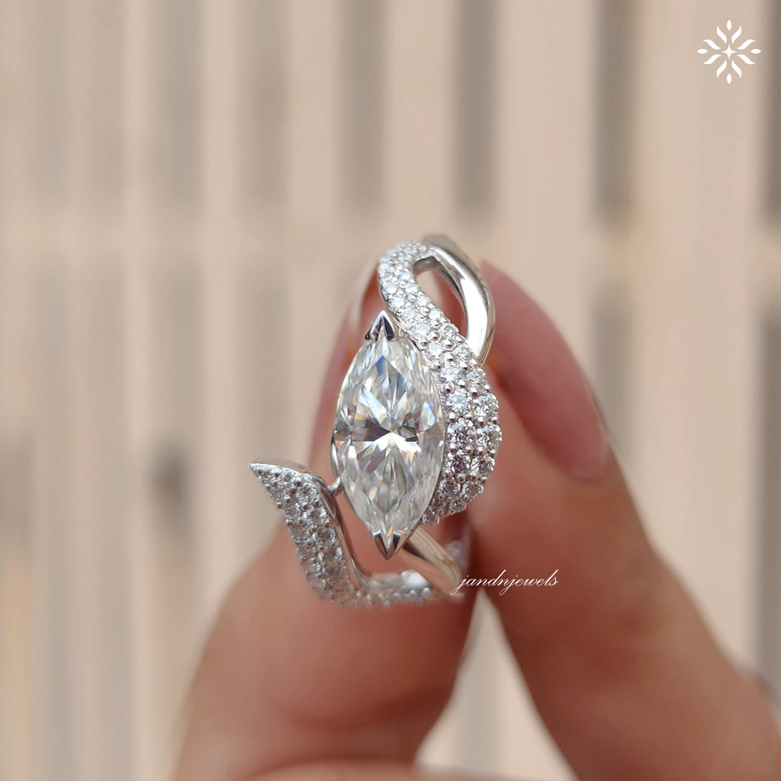 Marquise Moissanite Engagement Ring, Twisted Pave Diamond Band, Unique Swirl Gold Statement Ring