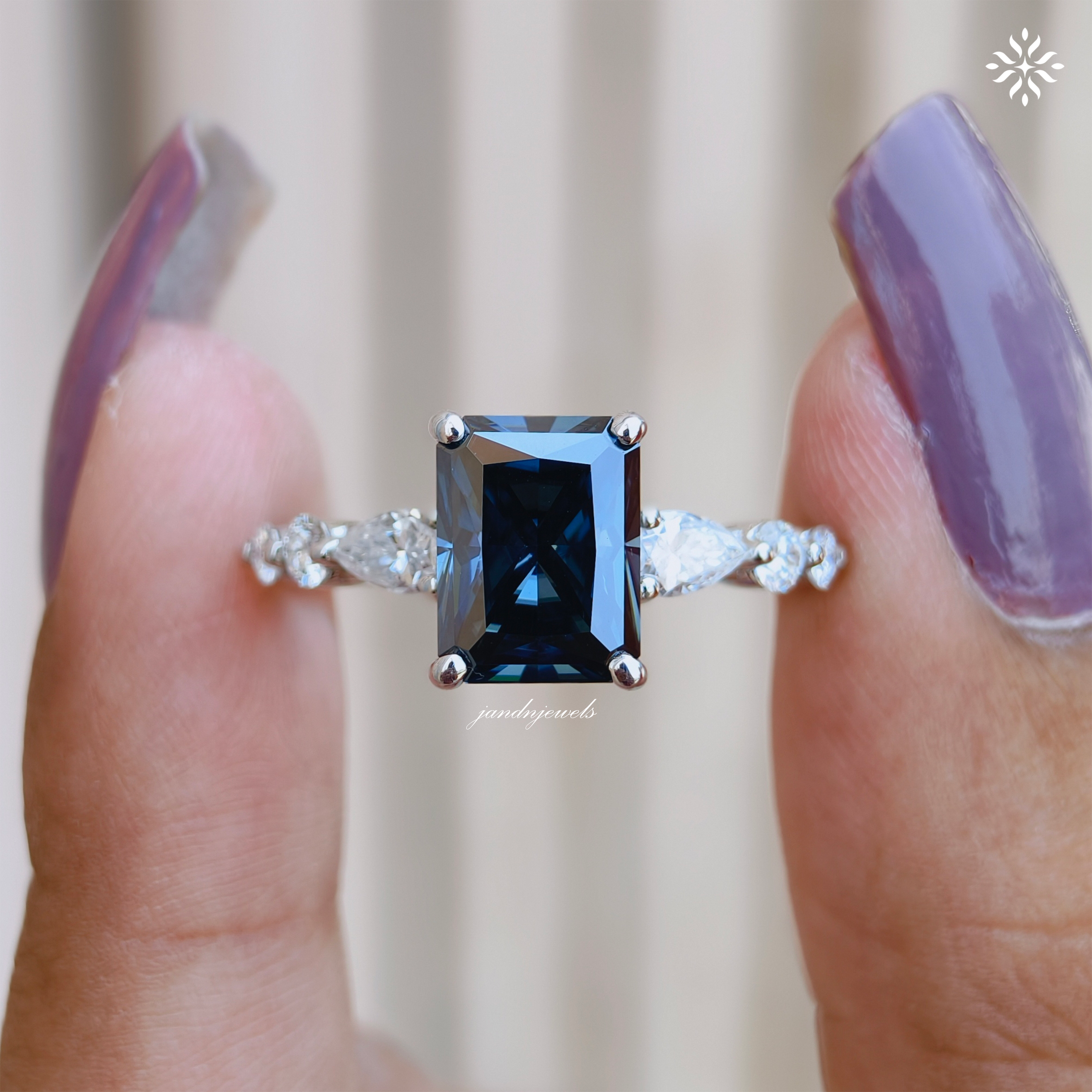 Royal Blue Radiant Cut Moissanite Engagement Ring Pear Accent Band Art Deco Gold Ring Unique Bridal Anniversary Gift for Her