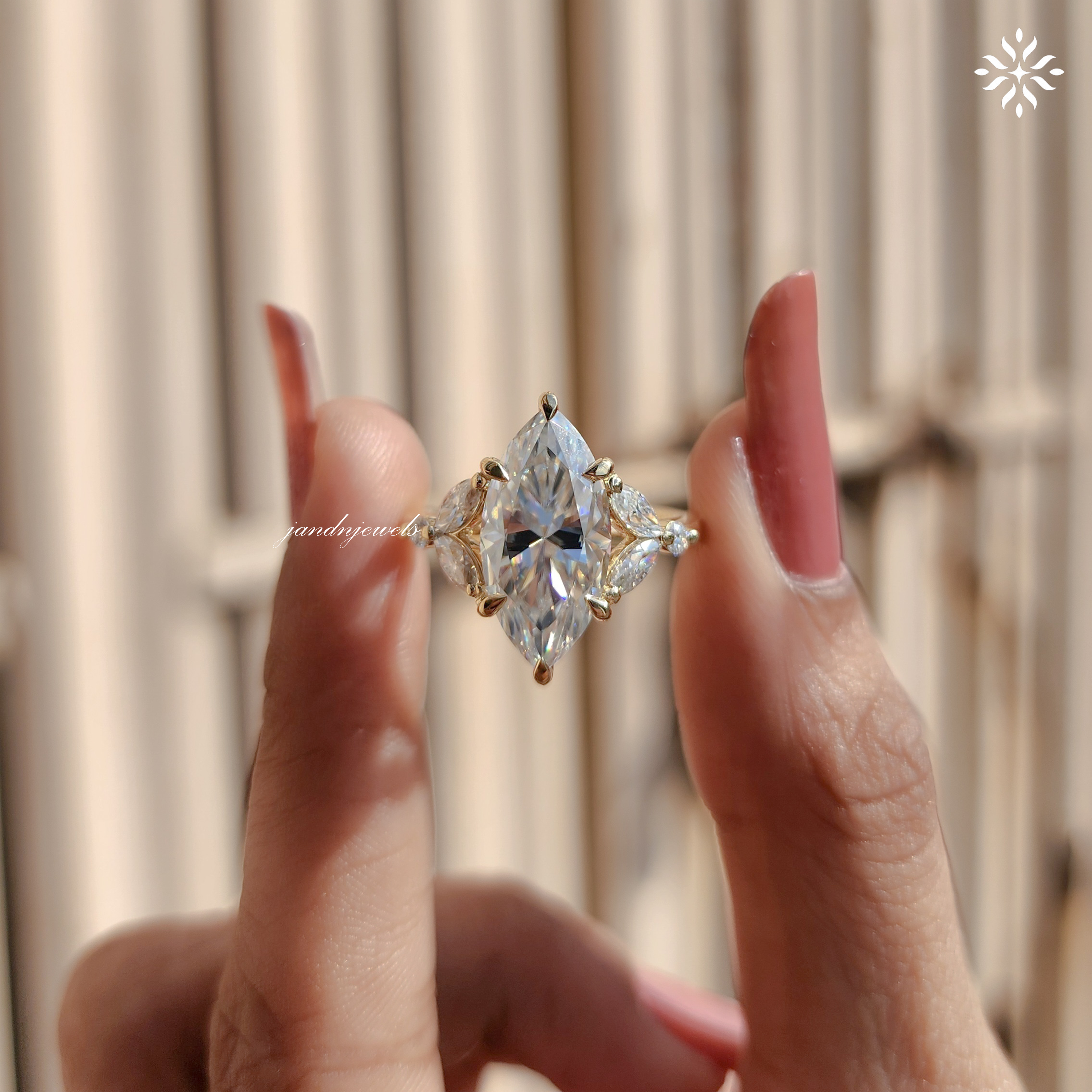 Marquise Moissanite Cluster Ring: Art Deco Solid Gold Anniversary Ring