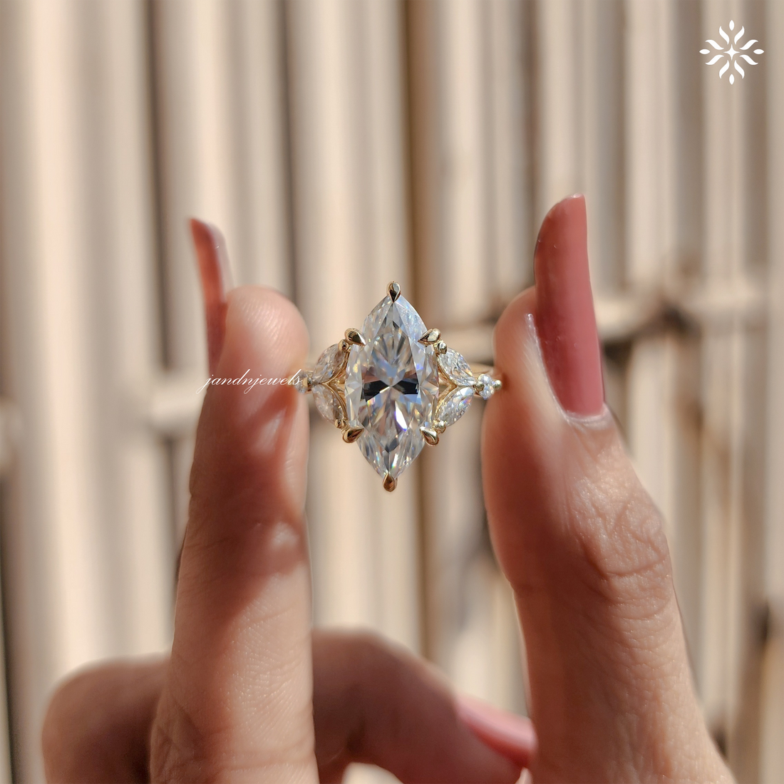Marquise Moissanite Cluster Ring: Art Deco Solid Gold Anniversary Ring