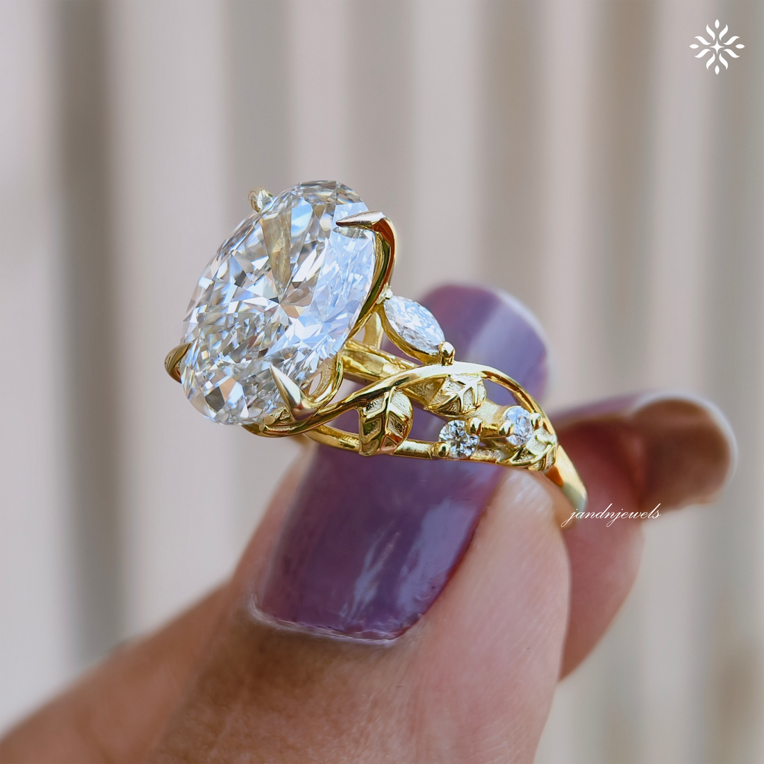 Botanical Oval Cut Lab Grown Diamond Engagement Ring Nature Inspired Floral Ring Vine Leaf Wedding Ring 14K Solid Yellow Gold Ring for Her