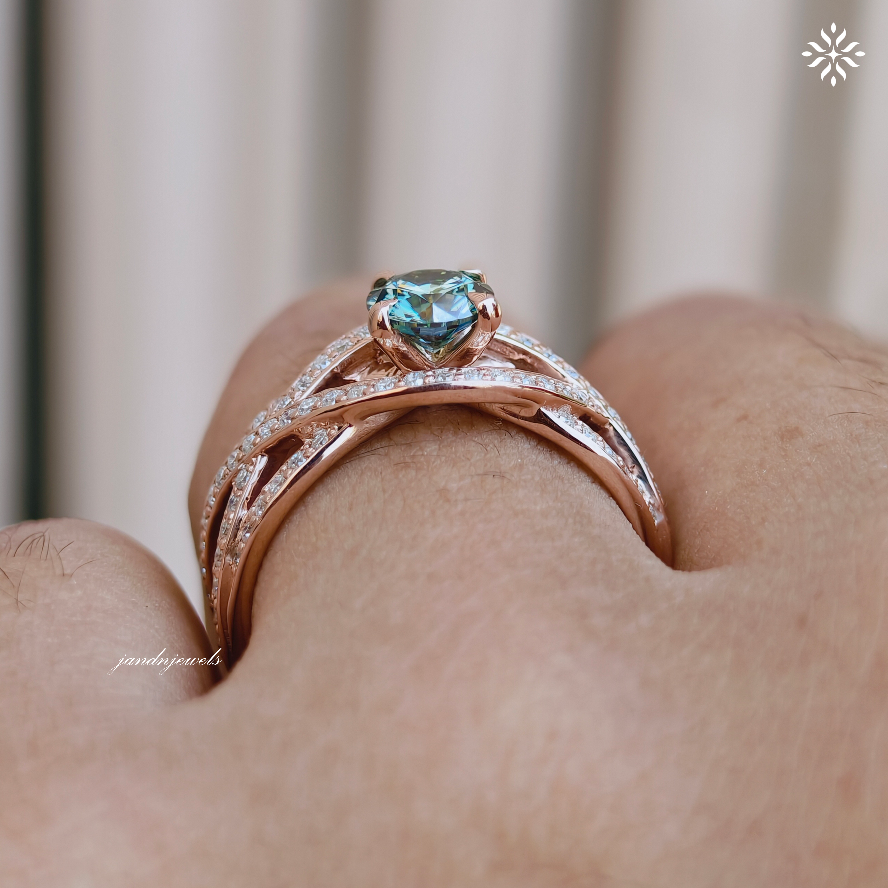 Cyan Blue Round Cut Moissanite Engagement Ring, Floral Wedding Ring, Unique Pave Band, 14K Gold Ring, Diamond Ring, Anniversary Ring