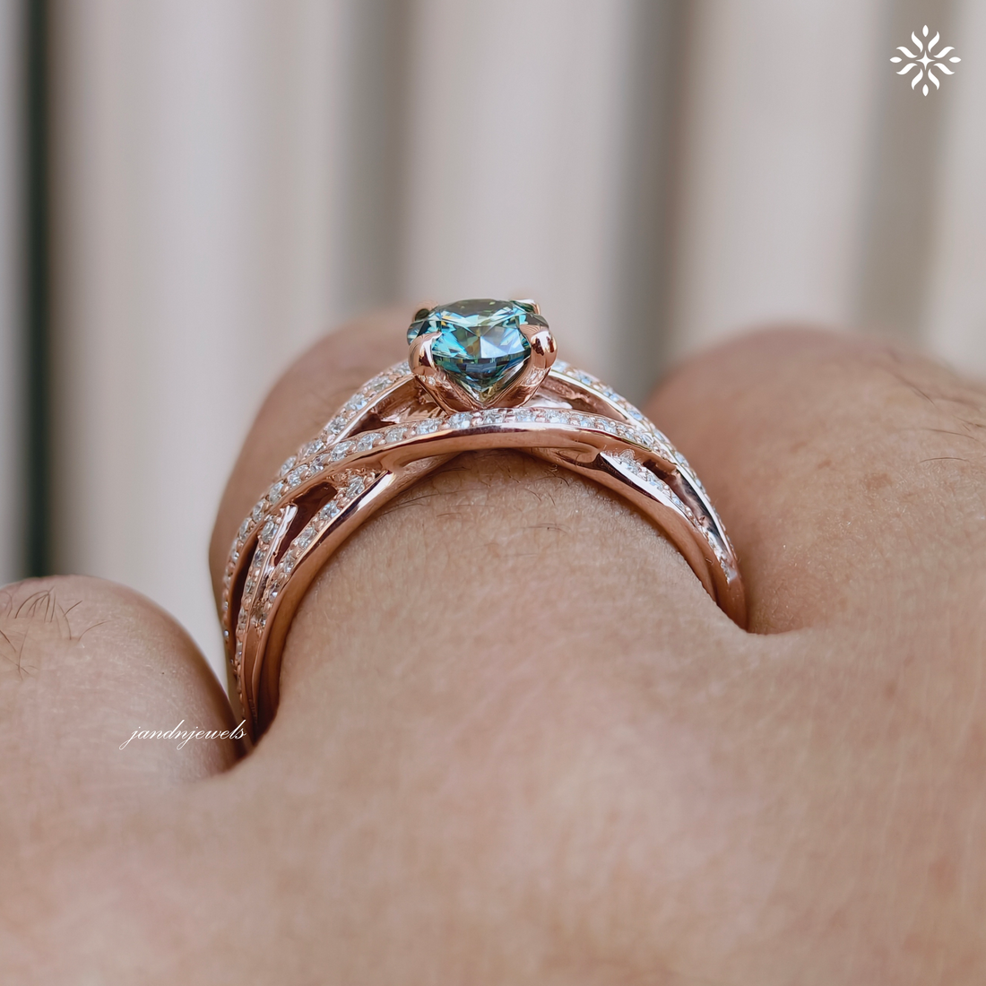 Cyan Blue Round Cut Moissanite Engagement Ring, Floral Wedding Ring, Unique Pave Band, 14K Gold Ring, Diamond Ring, Anniversary Ring