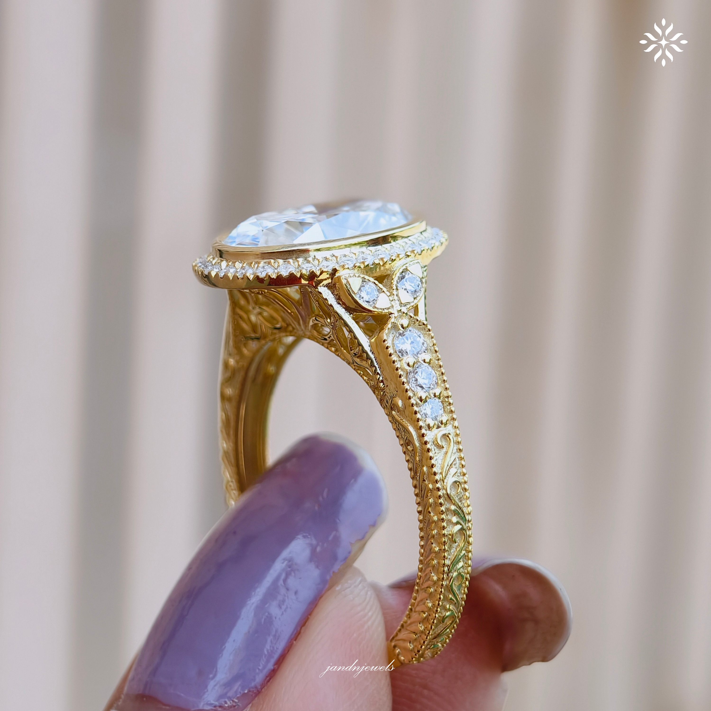 Art Deco Oval Cut Moissanite Engagement Ring Vintage Handcrafted Engraved Gold Ring Classic Bridal Ring Anniversary Gift for Her