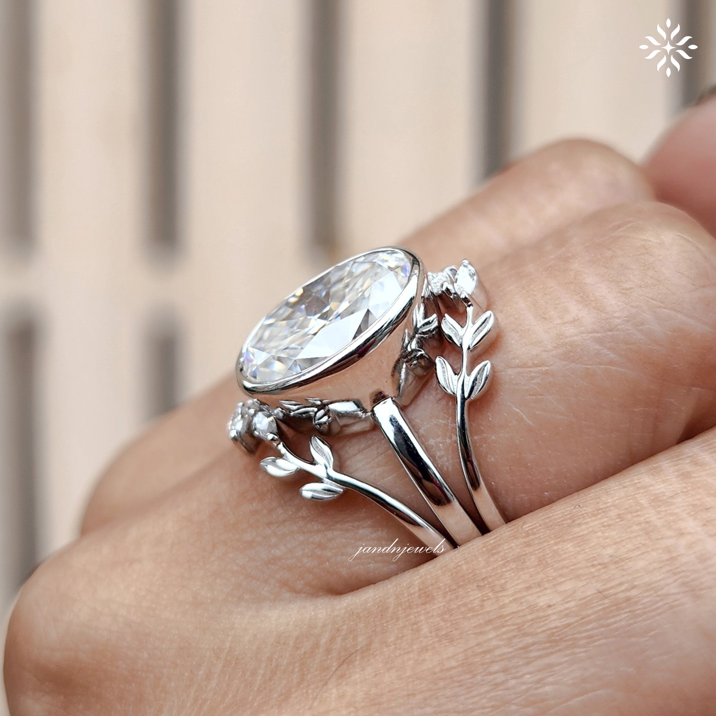 Leaf Vine Nature Inspired Enhancer Band Oval Moissanite Engagement Ring Set Double Band Bridal Ring Vintage Style Bridal Ring Set