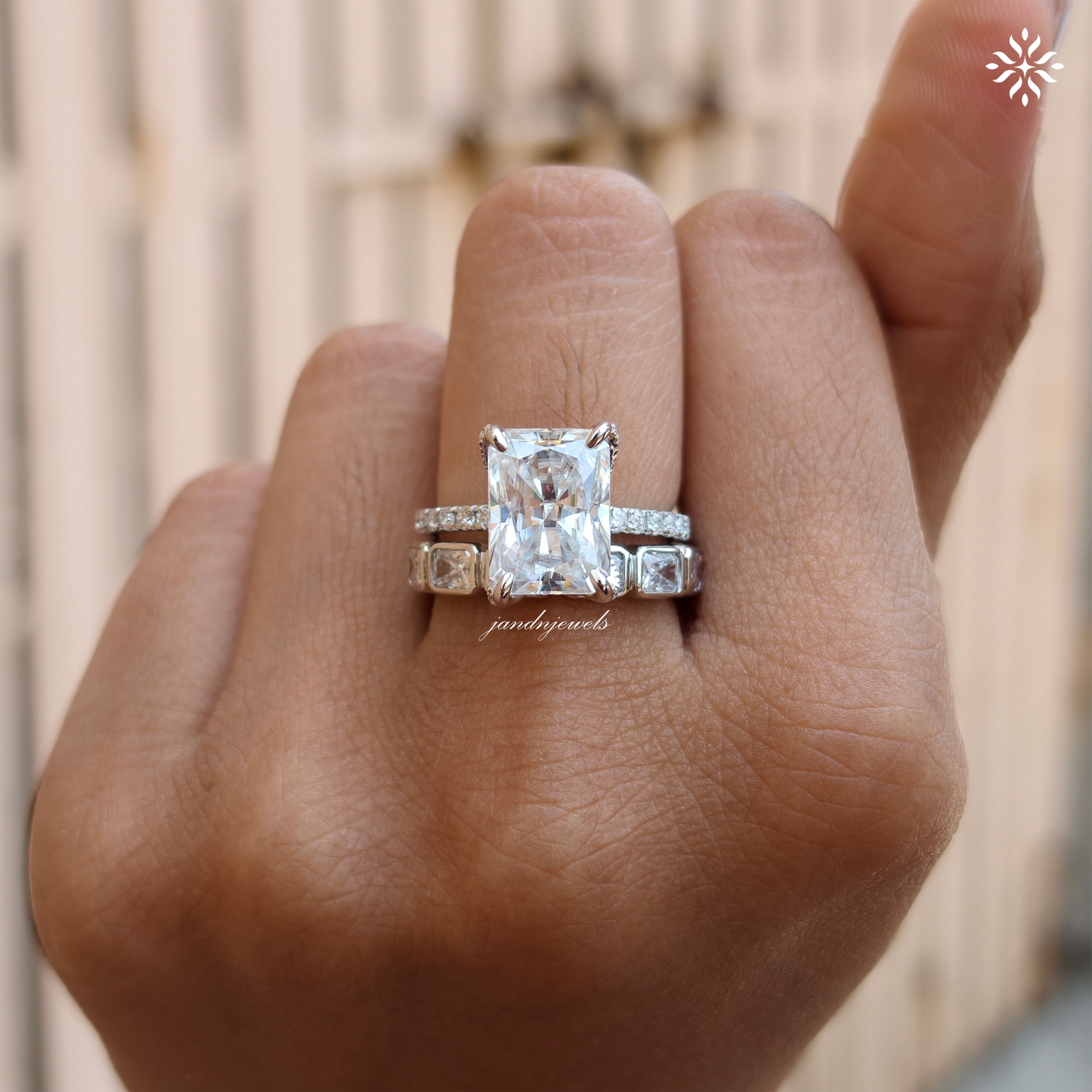 Radiant Cut Moissanite Bridal Set For Women Horizontal Radiant Cut Matching Full Eternity Band Hidden Halo Promise Ring Set Bridal Ring Set