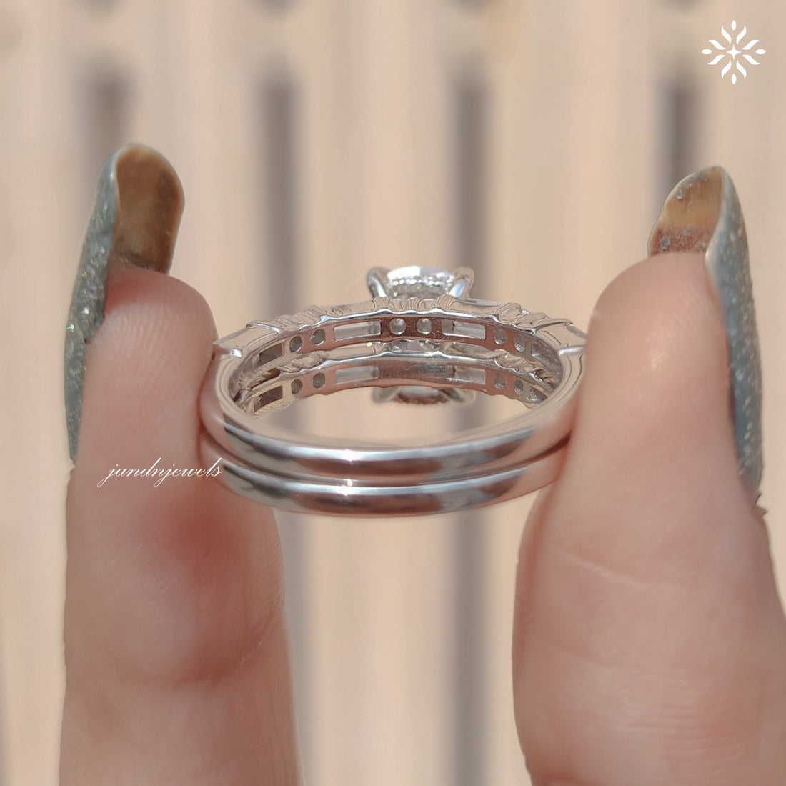 Elongated Cushion Cut Moissanite Engagement Ring Set Baguette & Round Diamond Band Bridal Ring Set 14K White Gold Ring Set