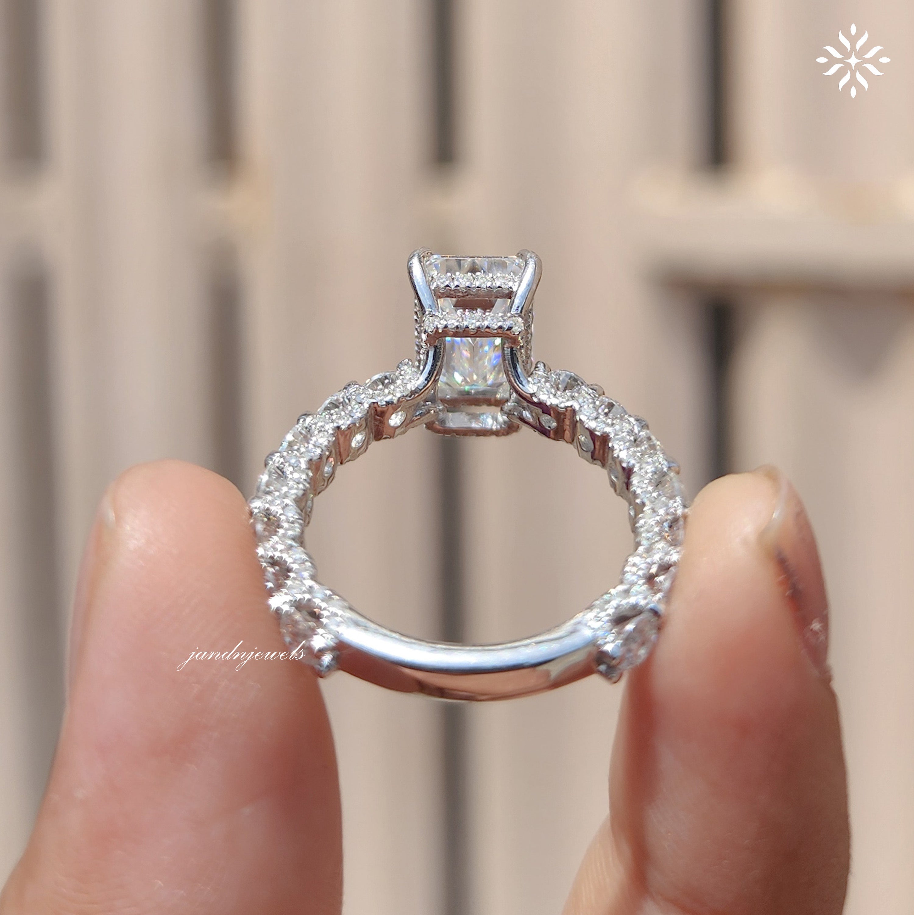 2.5CT Emerald Cut Moissanite Engagement Ring Unique Dabble Hidden Halo Ring 14K Solid Gold Ring for Women