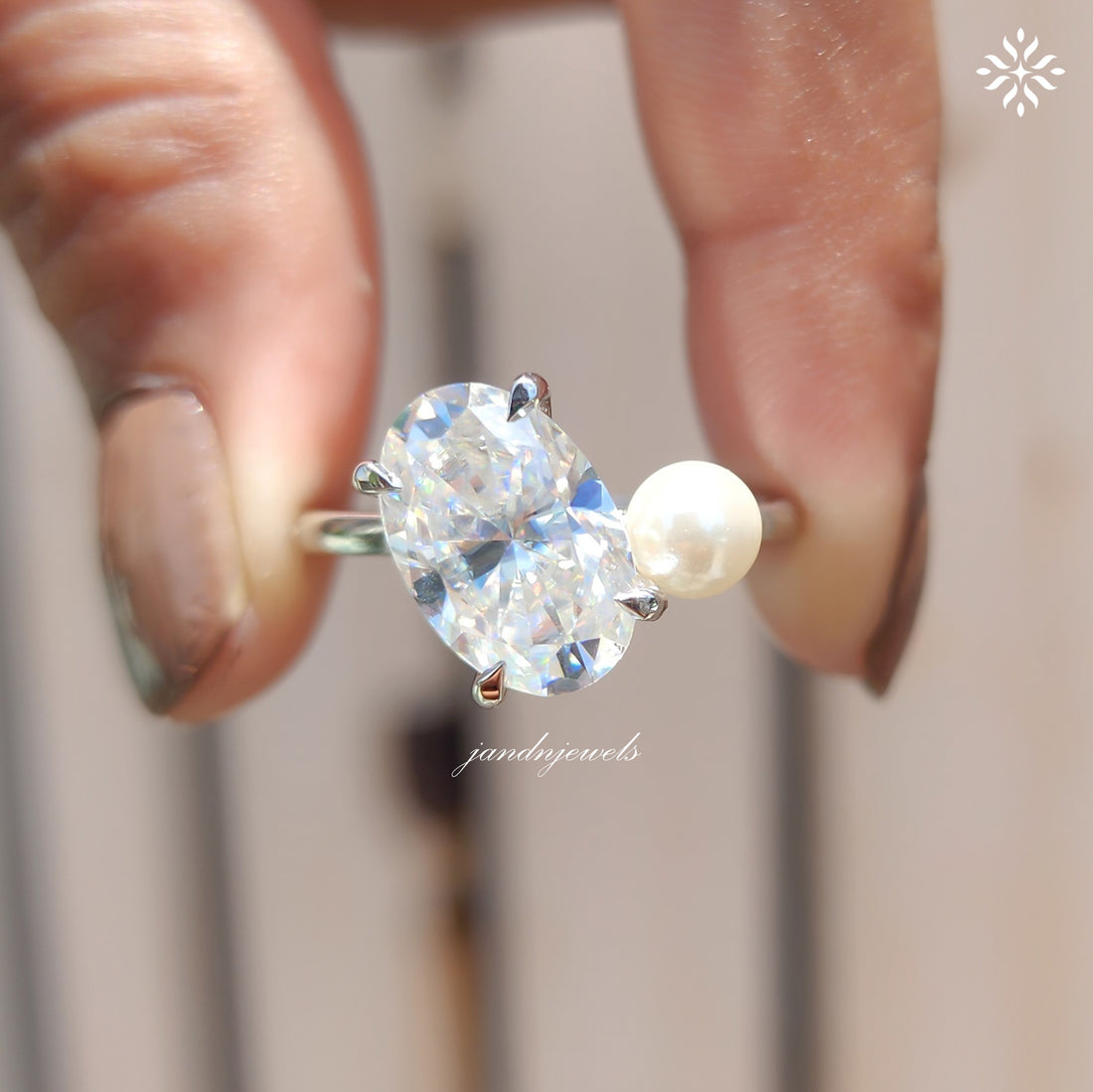 Oval Moissanite & Pearl Two Stone Ring, Toi Et Moi Design