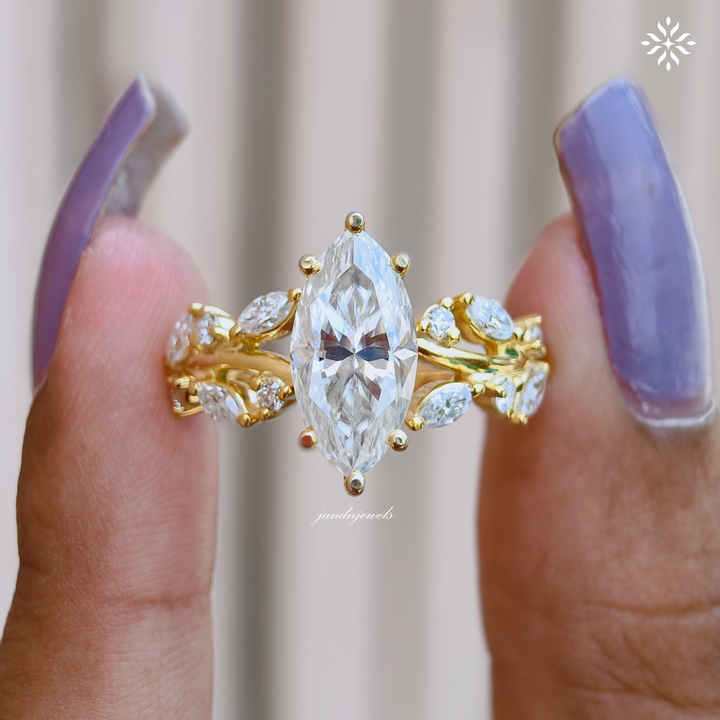 2.5CT Marquise Cut Moissanite Engagement Ring Floral Vine Moissanite Ring 14K Gold Leaf Wedding Ring for Her