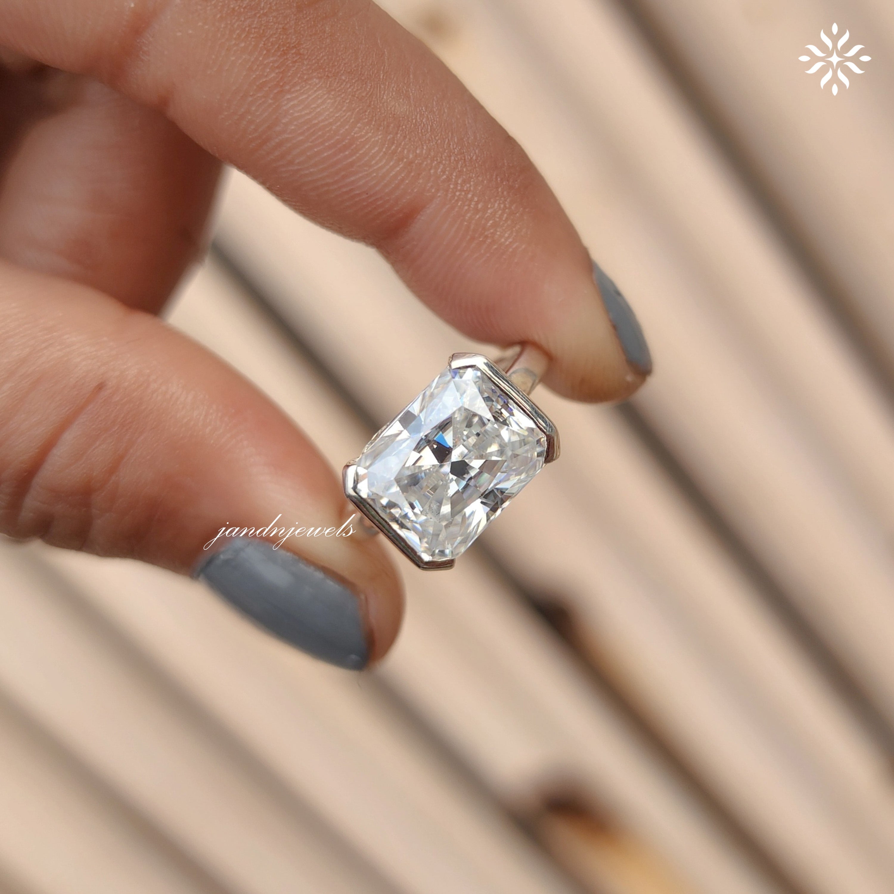 Half Bezel Set Radiant Cut Moissanite Engagement Ring East West Radiant Diamond Wedding Gift Handmade Ring Open Shank Custom Bridal Ring