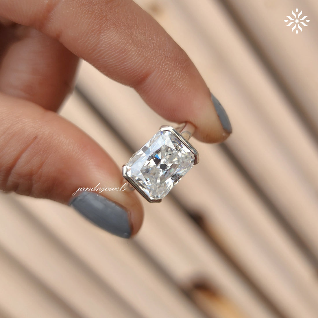 Half Bezel Set Radiant Cut Moissanite Engagement Ring East West Radiant Diamond Wedding Gift Handmade Ring Open Shank Custom Bridal Ring
