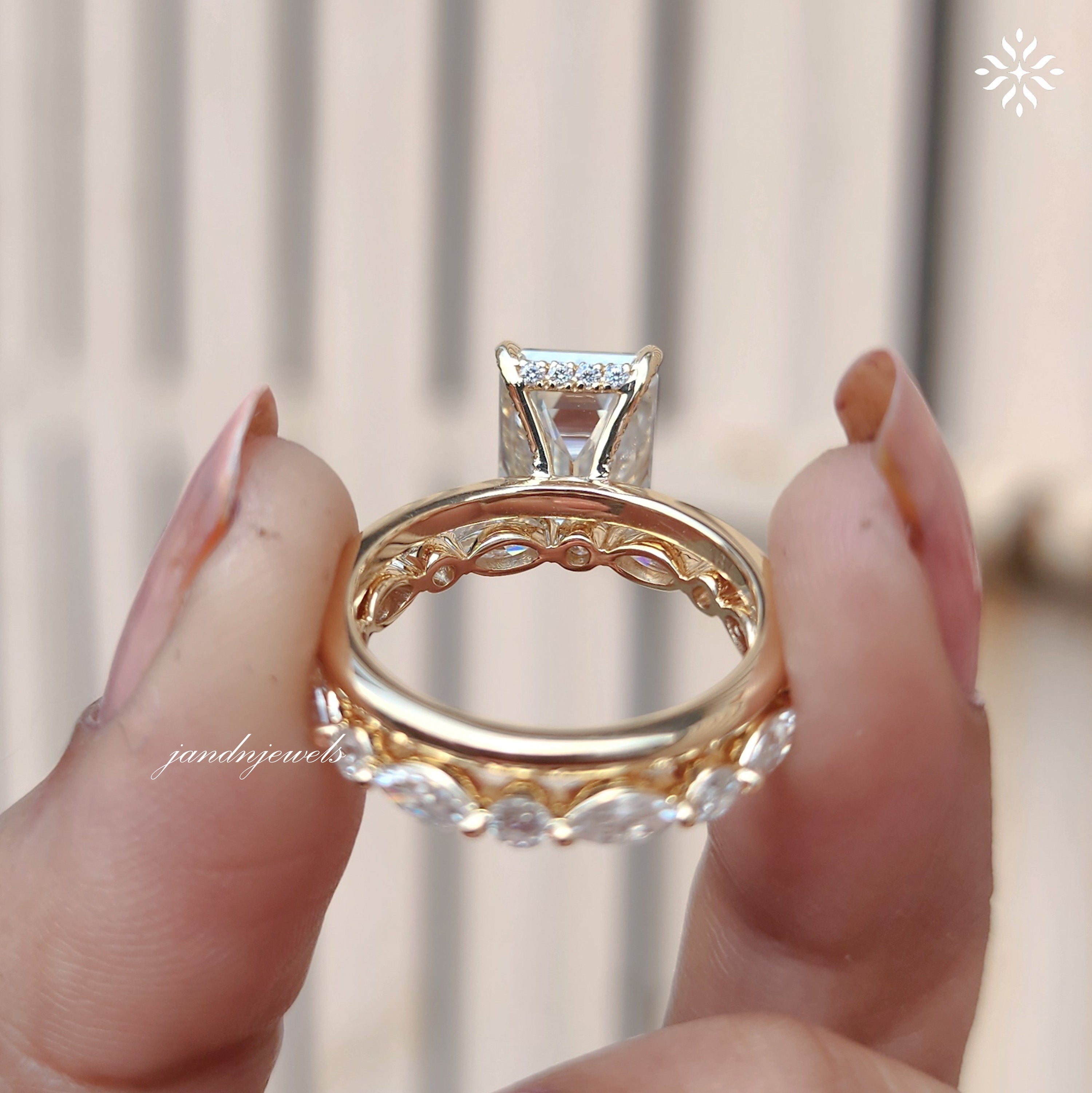 3CT Emerald Cut Moissanite Engagement Ring Set, Hidden Halo Ring Set, Round and Marquise Wedding Band, 14K Gold Bridal Ring
