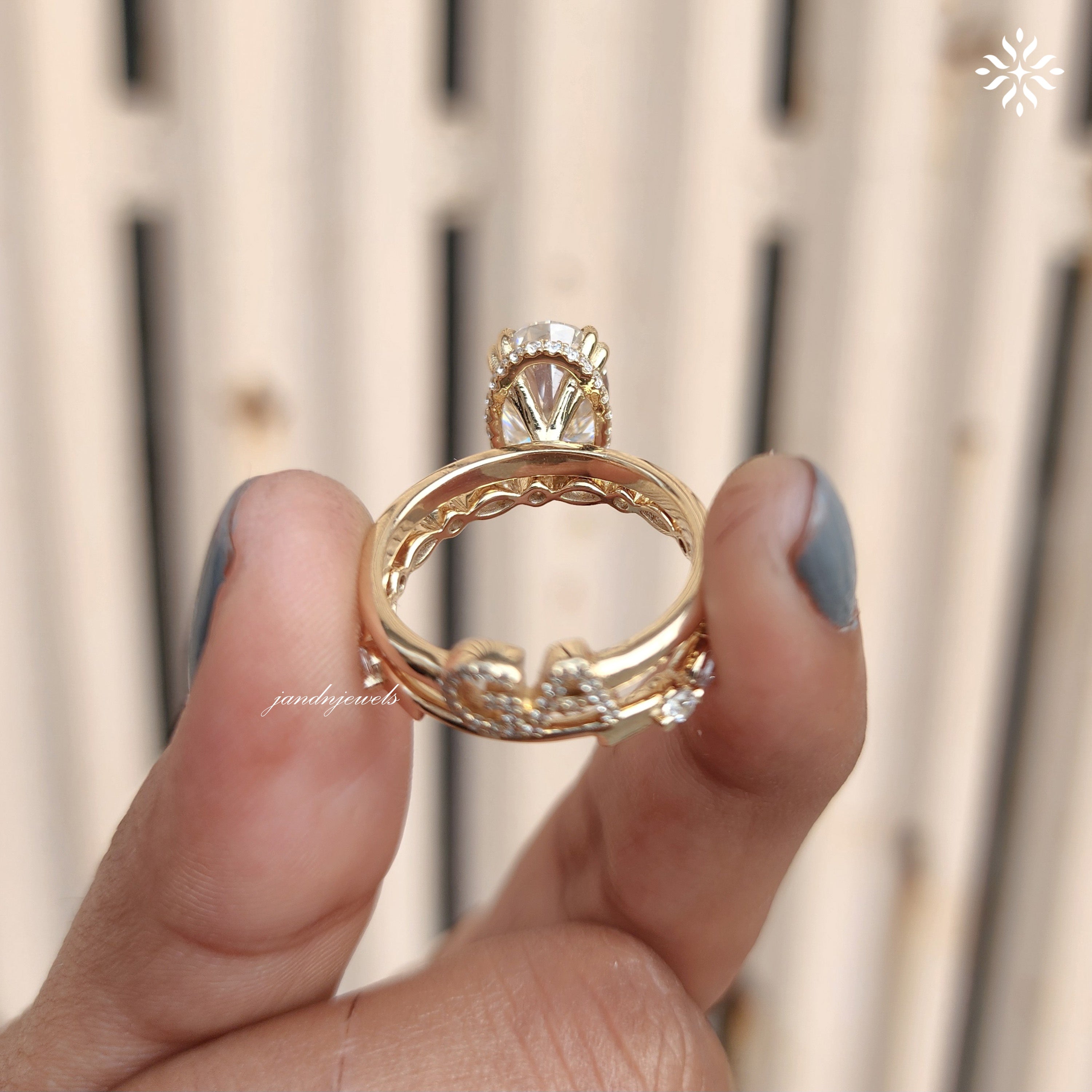 3CT Oval Cut Moissanite Engagement Ring Set Hidden Halo Dabble Prong Ring 14K Solid Gold Bridal Ring Set Personalized Name Initial Ring