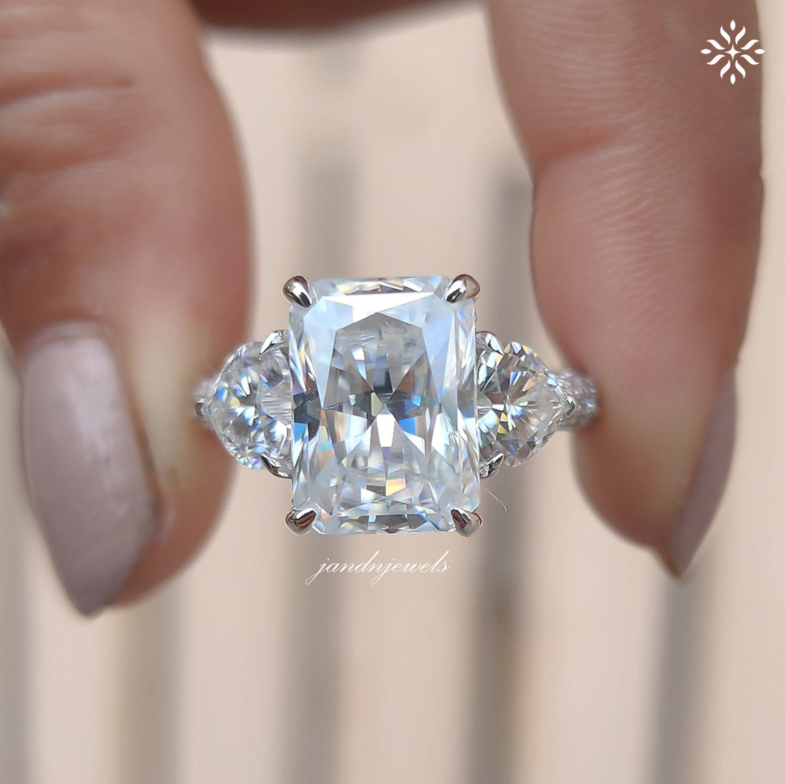 Three Stone Radiant Cut Moissanite Engagement Ring Side Stone Heart Ring