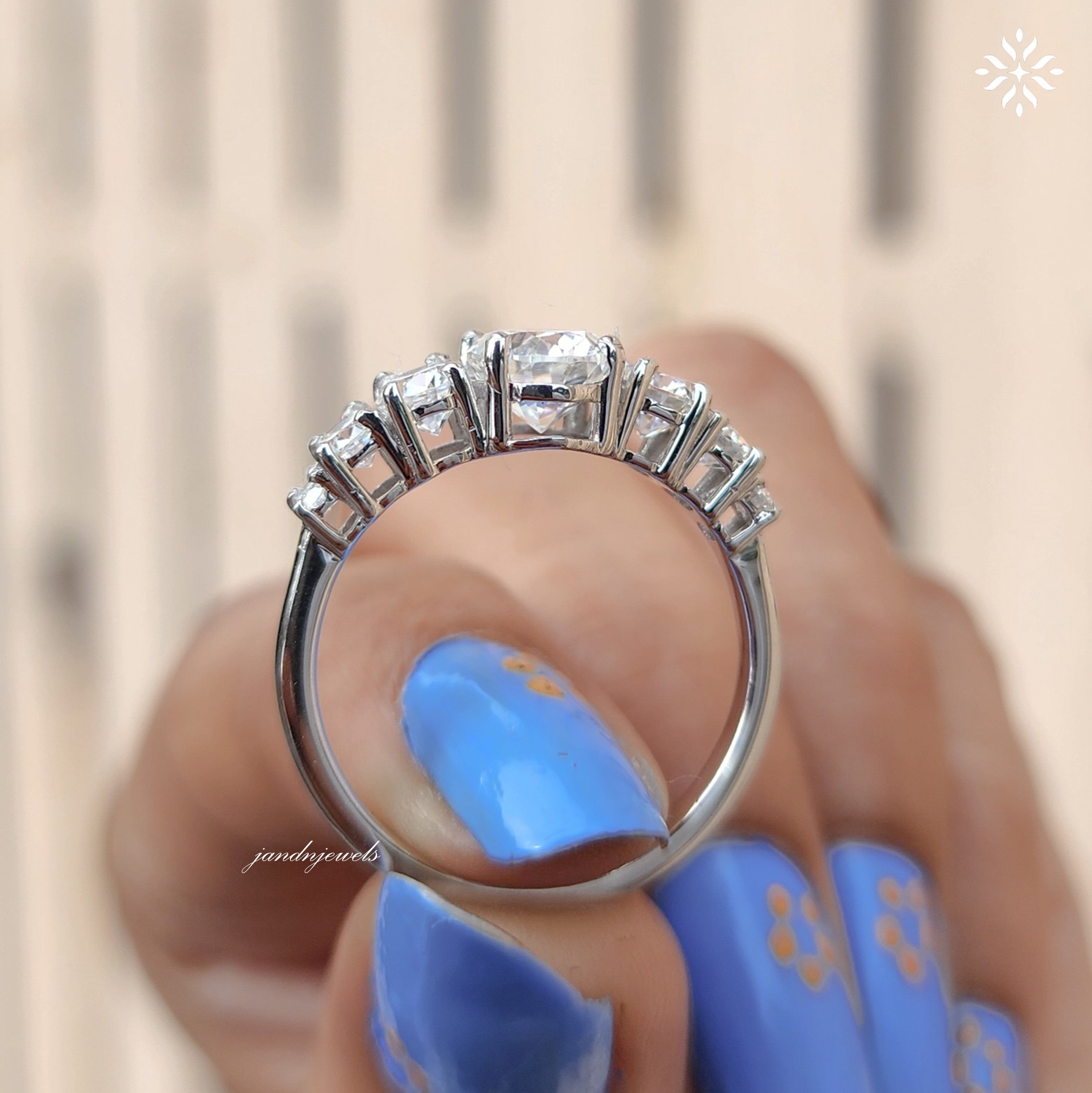 Oval Moissanite Ring with Graduated Side Stones Unique Eternity Engagement Ring Elegant White Gold Wedding Band for Her