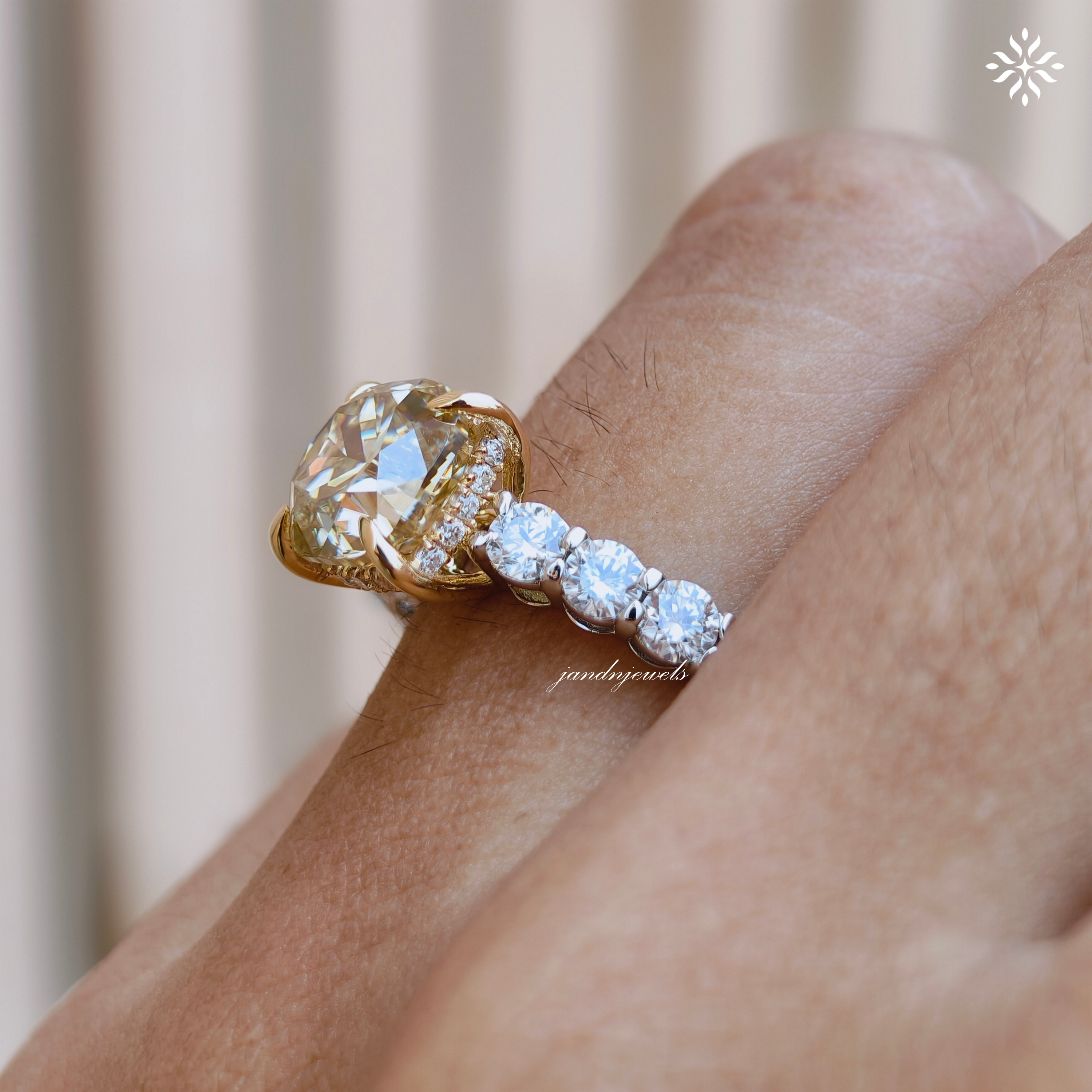 Fancy Intense Yellow Cushion Cut Lab Grown Diamond Engagement Ring Two Tone Ring Hidden Halo Ring Cathedral Setting Ring