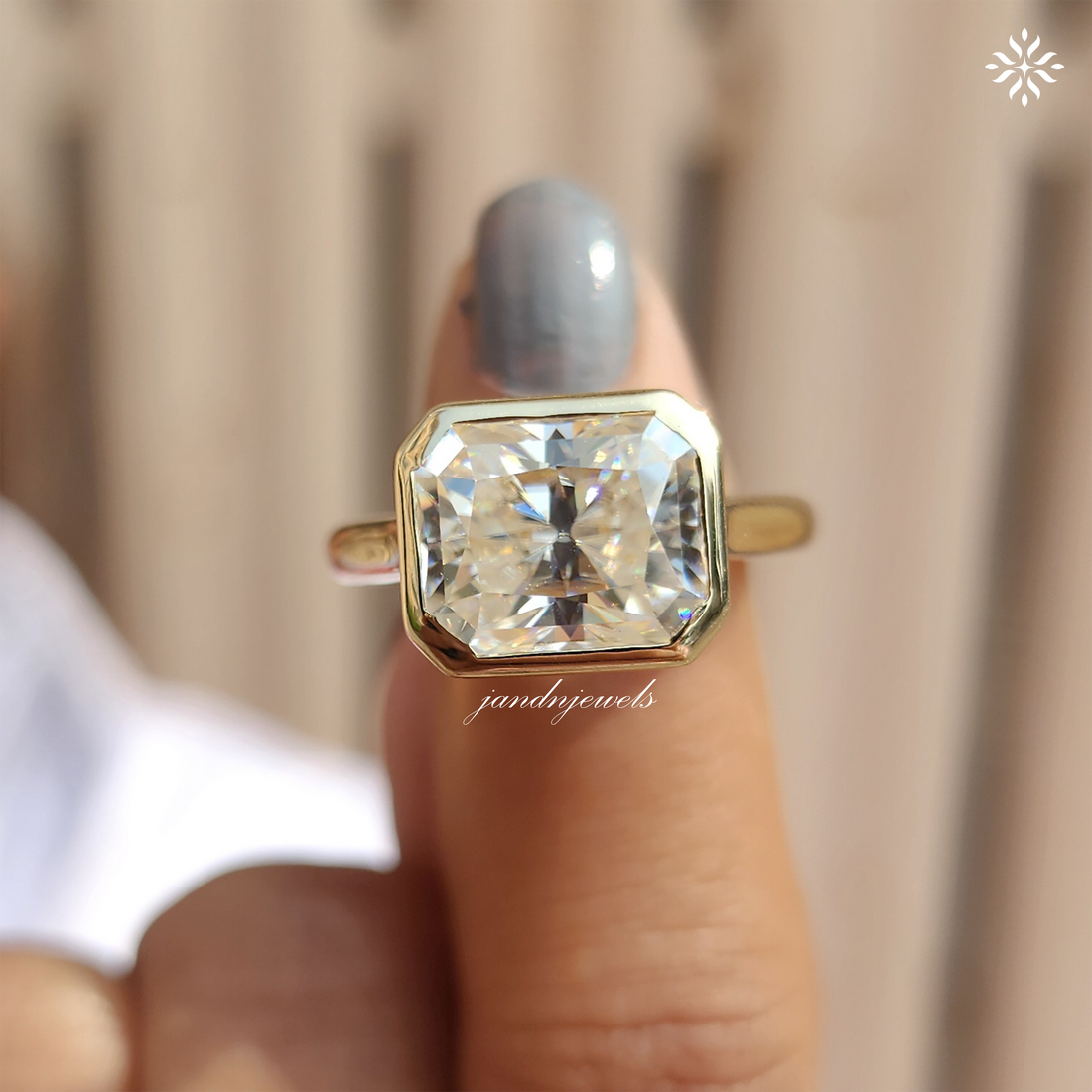 East West Radiant Cut Moissanite Engagement Ring Bezel Set Cathedral Setting Ring Solitaire Diamond Ring