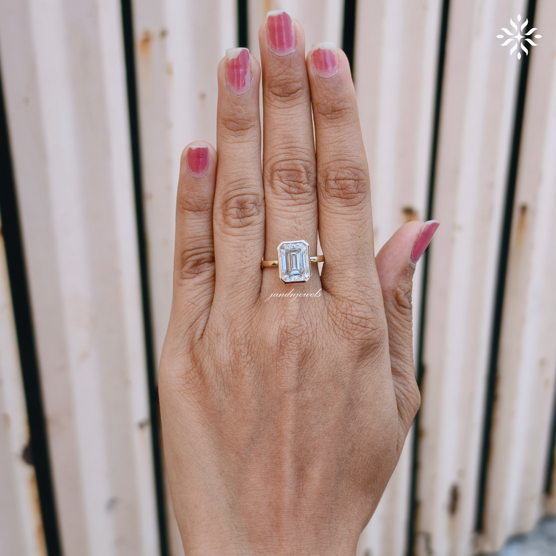 3 Carat Emerald Cut Lab Grown Diamond Engagement Ring | 14K Gold Bezel | IGI Certified