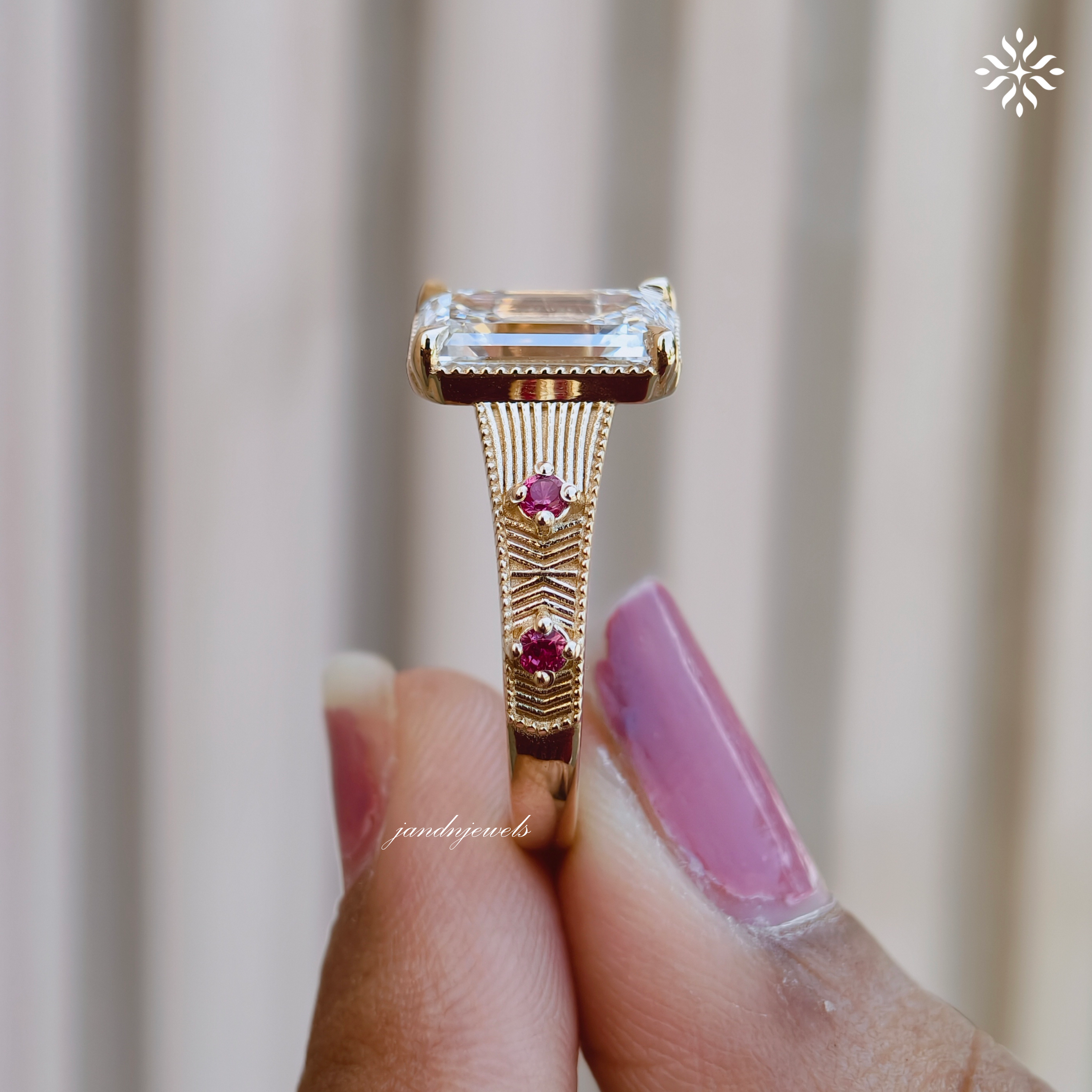 3CT Emerald Cut Lab Grown Diamond Engagement Ring, Pink Sapphire Side Stone Ring, Vintage Inspired Engraved Band, 14K Gold Wedding Ring