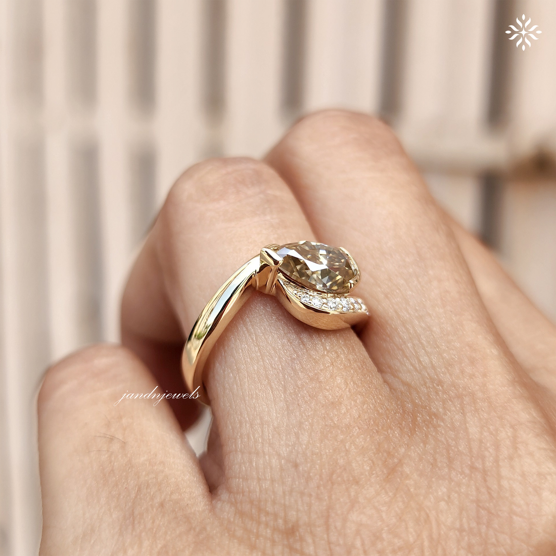 Champagne Pear Cut Moissanite Ring, Curved Pave Band, Asymmetrical Gold Engagement Ring
