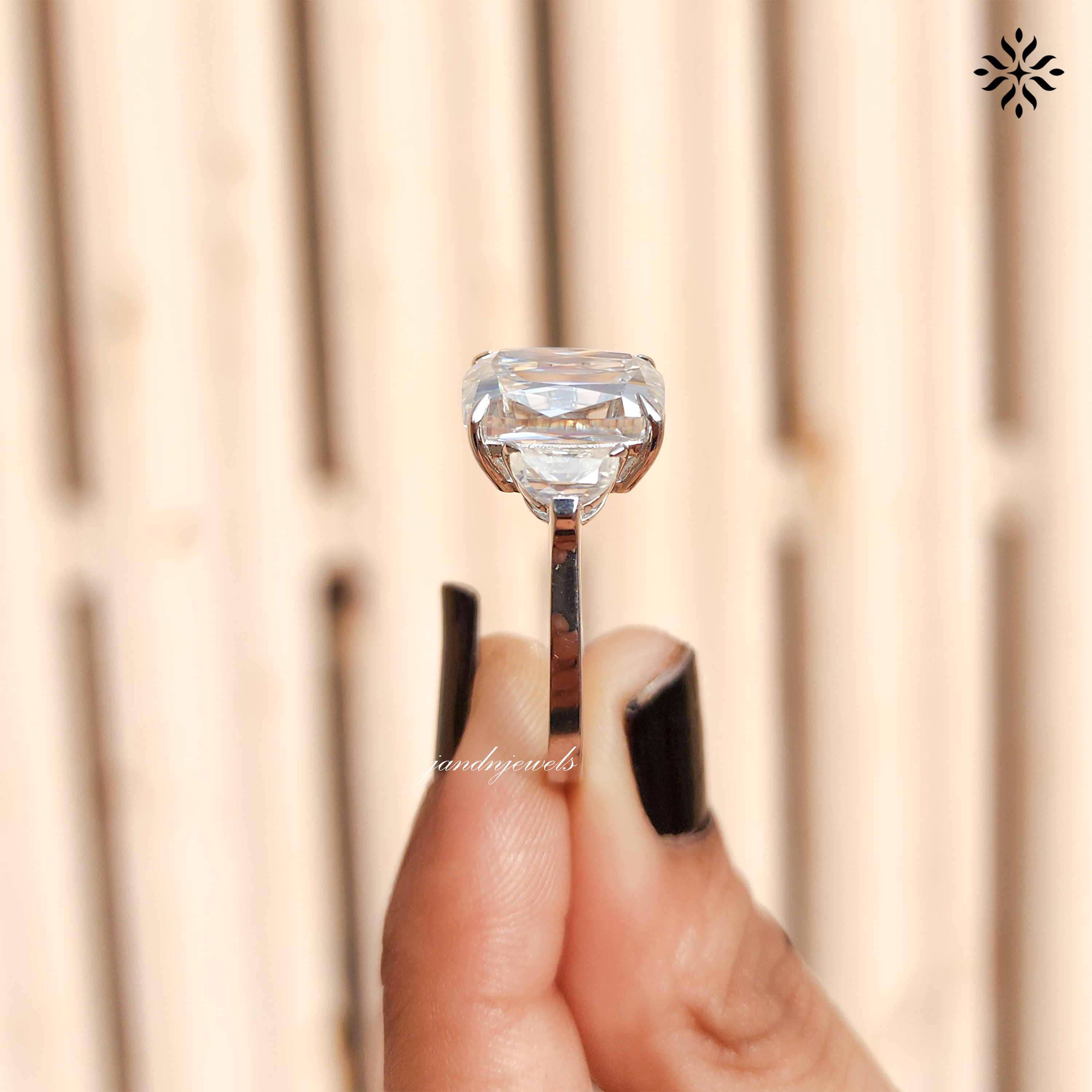 Elongated Criss Cut Cushion Moissanite Engagement Ring Three Stone Wedding Ring Side Stone Half Moon Trilogy Ring Multi Stone Ring for Her